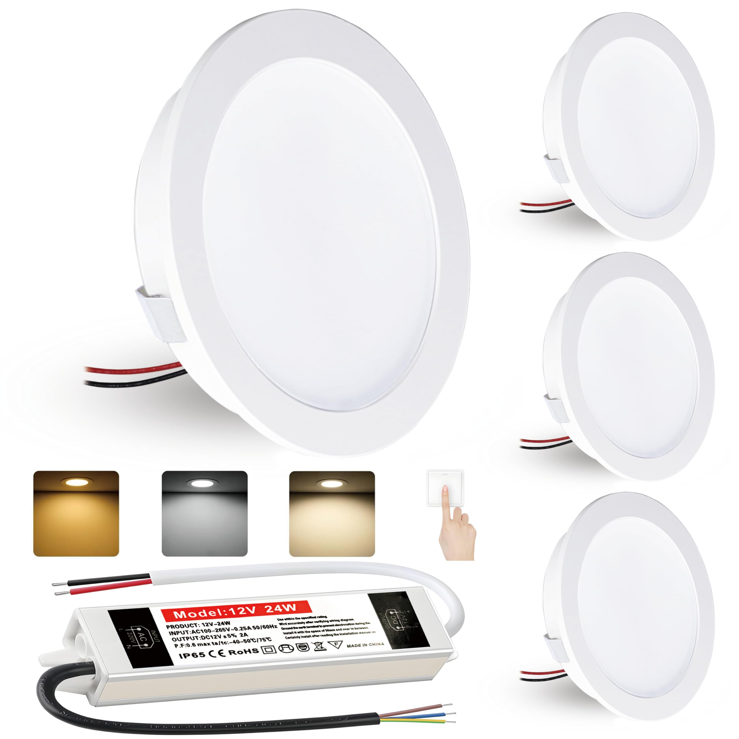 LED Einbaustrahler 4W Warmweiß Neutralweiß Kaltweiß Led Spot 12V Dimmbar einbaustrahler LED Lochmaß 60mm und 12mm Flach,IP44 Deckenspot Einbauspots für Wohnwagen Küche,mit 230V trafo,4er set (Weiß)