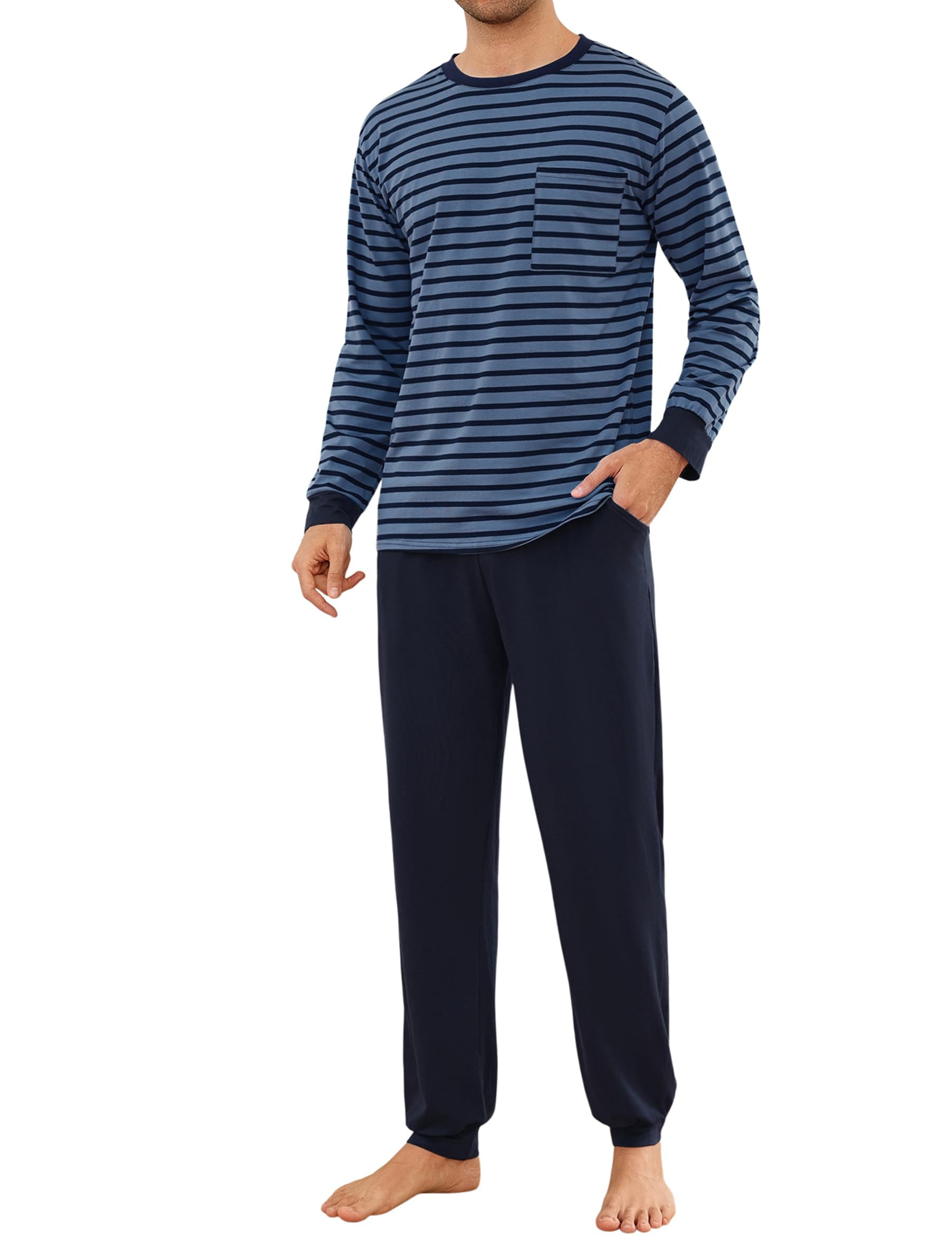 Sykooria Herren Schlafanzug lang mit Bündchen aus Baumwolle Zweiteiliger Pyjama Herren lang, Langarm Shirt & Schlafanzughose, B-LBNB, L