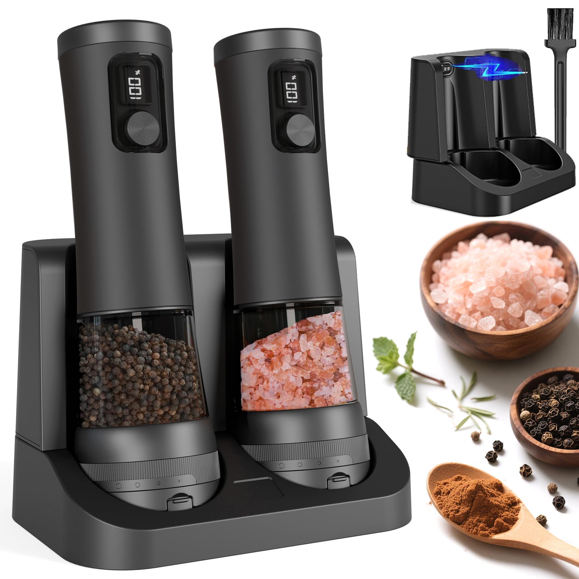 Veiliss 2pcs Electric Salt and Pepper Grinder Set with Battery Display Rechargeable Base, External Adjustable Coarseness, Automatic Ceramic Mills, Black