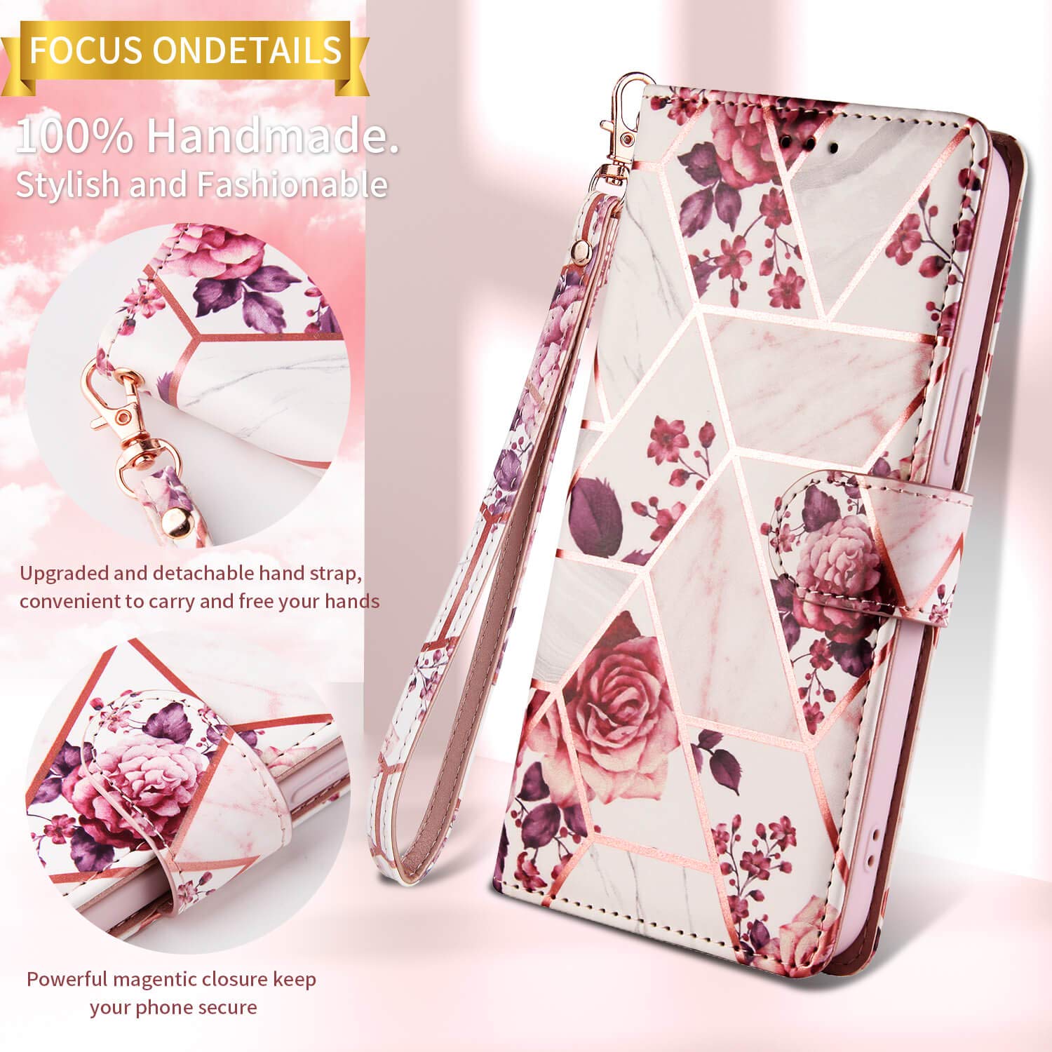 DEFBSC Custodia Portafoglio Per IPhone XR – Pelle PU Effetto Marmo, Con Cinturino Da Polso, Chiusura Magnetica, Slot Carte