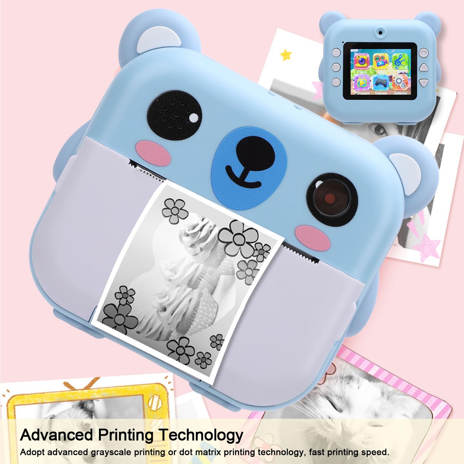 Instant Print Camera Kids, HD 1080P 2 Inch Screen, Grayscale Printing & Music for Birthday, Xmas Present (Blue)