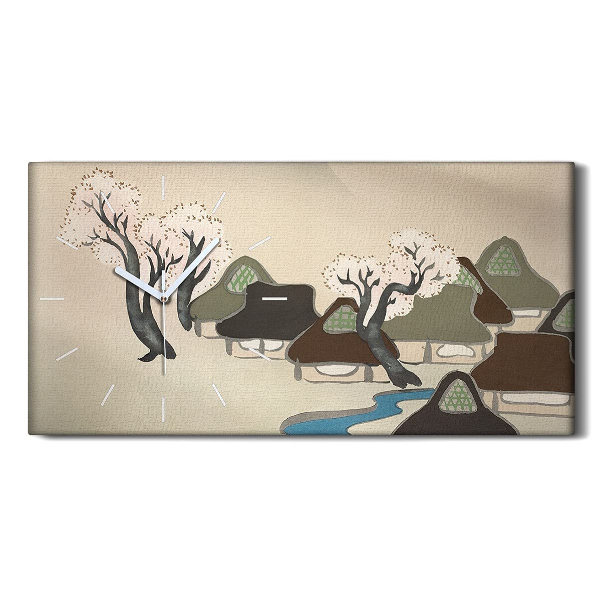 Horloge sur toile 60x30 cm motif arbres villageois asiatiques silencieuse sans tic-tac
