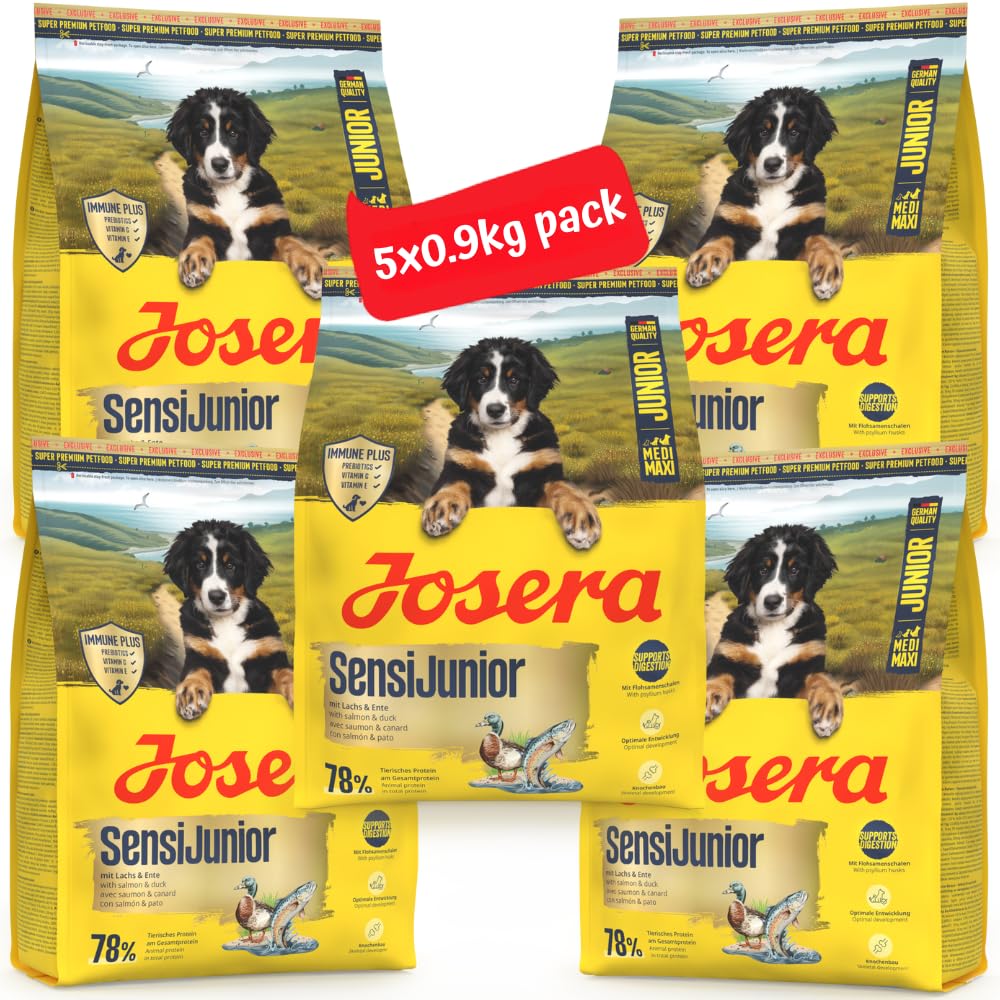 Josera SensiJunior complete puppy food | For active pups | Sensitive digestion | Gluten-free | Medium & large breeds | Immune Plus | High meat | 5x0.9kg