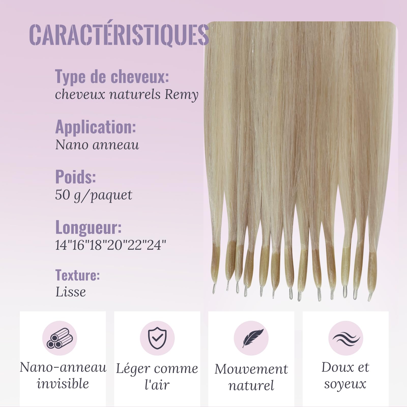 Fshine Extension Cheveux Naturel Nano Ring 50 g 50 cm, Extension Cheveux