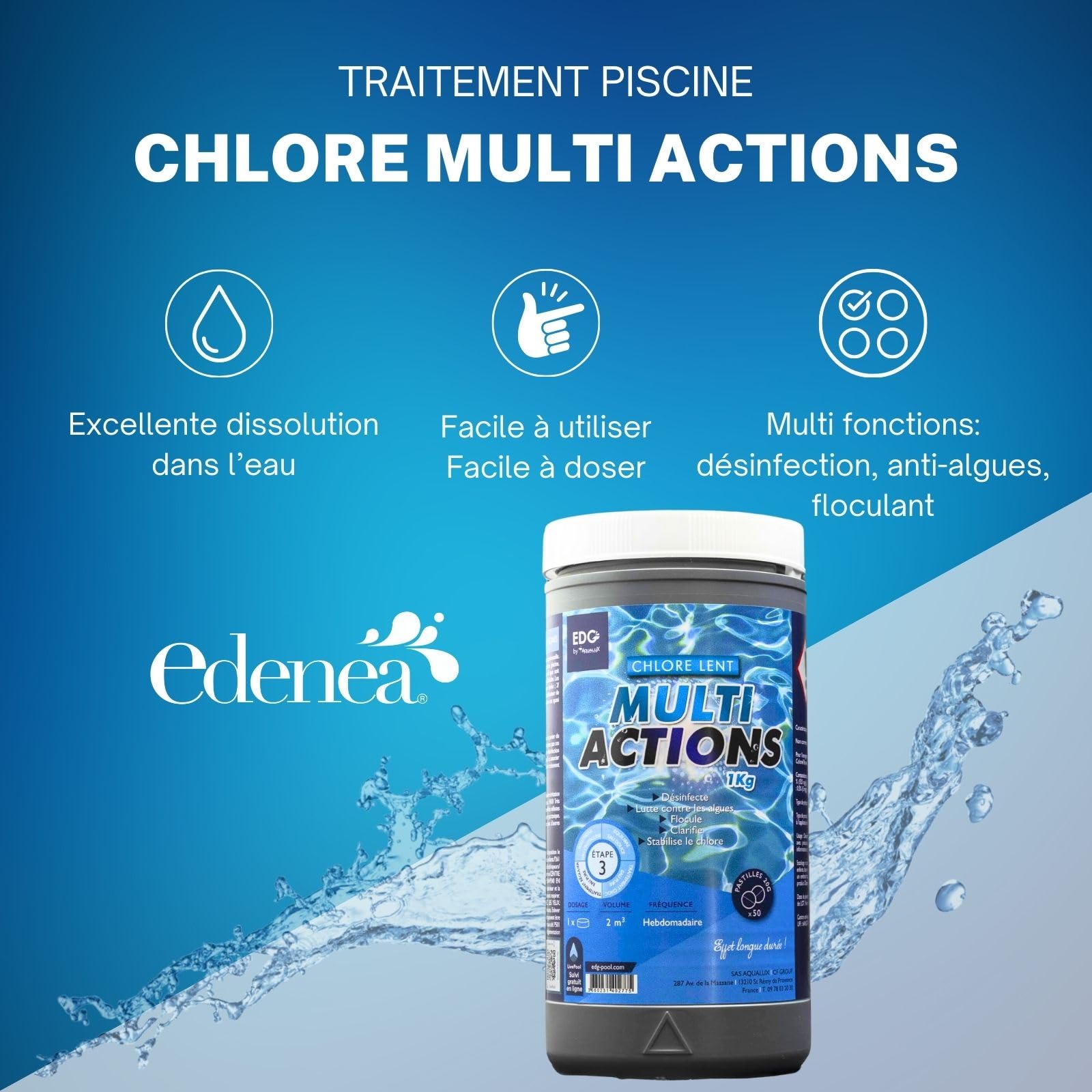 Chlore Multi Actions Piscine - Pastilles 20g - Traitement Longue Durée Désinfectant Multi Fonctions - Boite 1 kg