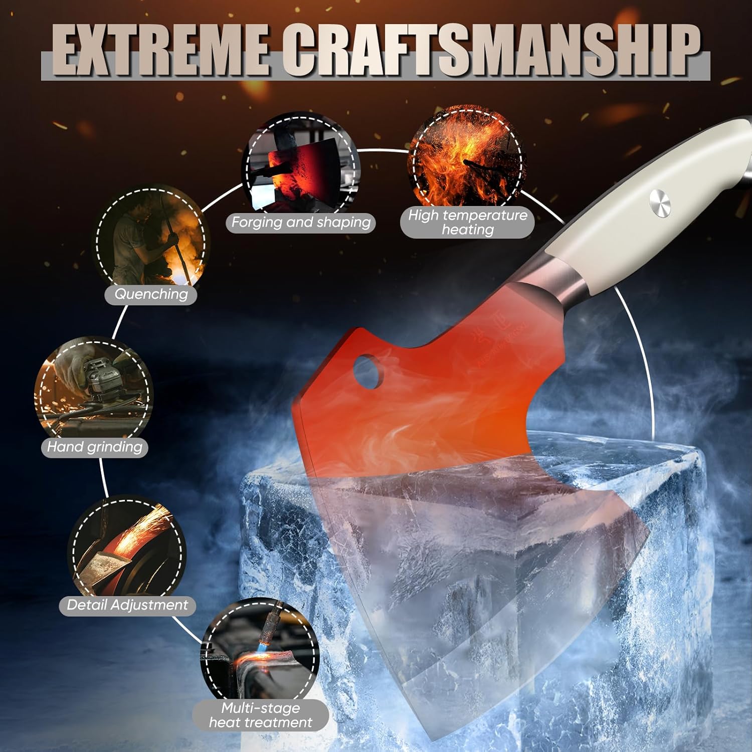 Meat Cleaver Heavy Duty - Bone Chopper, Hand Forged Kitchen Axe with Full Tang Handle, Bone Chopping Knife, Japanese Butcher Knife for Meat Cutting, Kitchen Gift for Men - Image 2