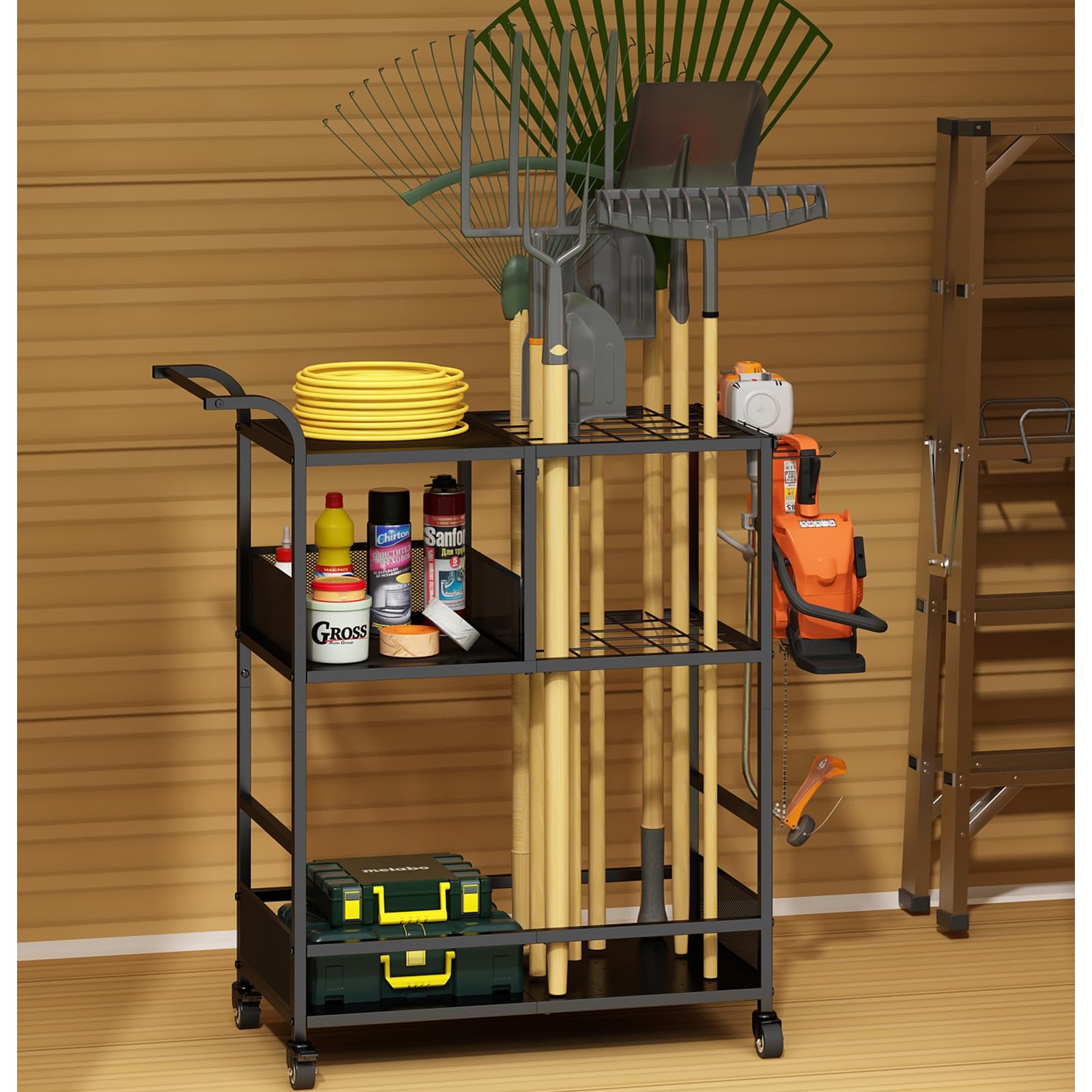 GILLAS Garden Tool Organizer Cart, Yard Tool Organizer for Garage, Up to 35 Long-Handled Tool Storage Rack, Yard Tool Holder for Rakes/Brooms/Shovles, Outdoor Use Garden Tool Utility Cart