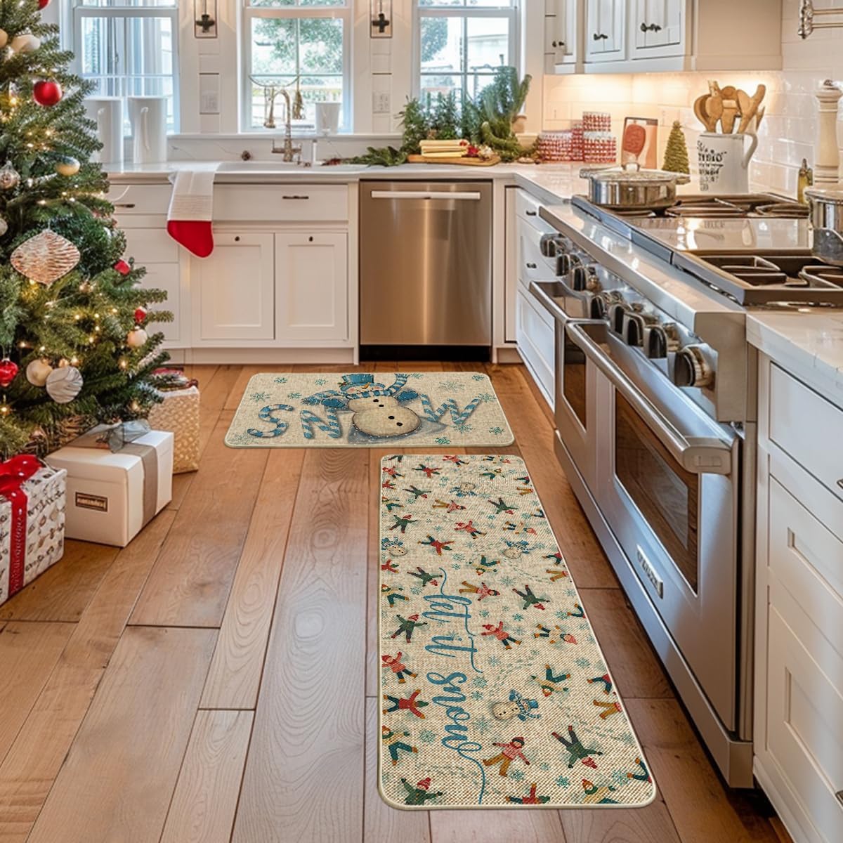 Artoid Mode Blue Candy Cane Snowman Let It Snow Winter Kitchen Mats Set of 2, Christmas Low-Profile Home Decor Kitchen Rugs for Floor - 17x29 and 17x47 Inch