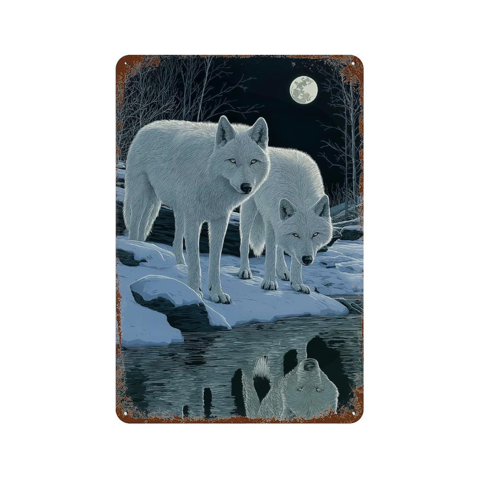 Two White Wolves Under Moonlight Rust Effect Tin Sign 11.8"x7.9", Old School Wall Decor for Farmhouse, Kitchen And Entryway Decor