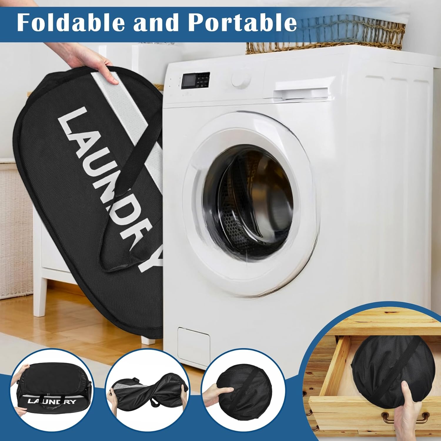 Large Collapsible Laundry Baskets Pop Up Laundry Hamper with Reinforced Handles Foldable Laundry Hamper for Home Laundry (Black Laundry with Lid)