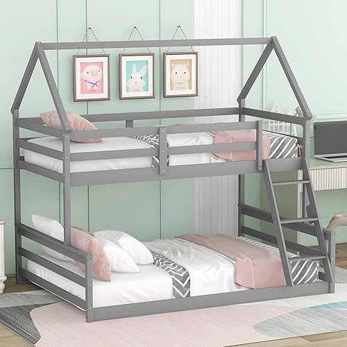 Miniatura 1 de Harper & Bright Designs Litera de casa individual sobre individual con almacenamiento, marco de literas de madera con escalera para niños,