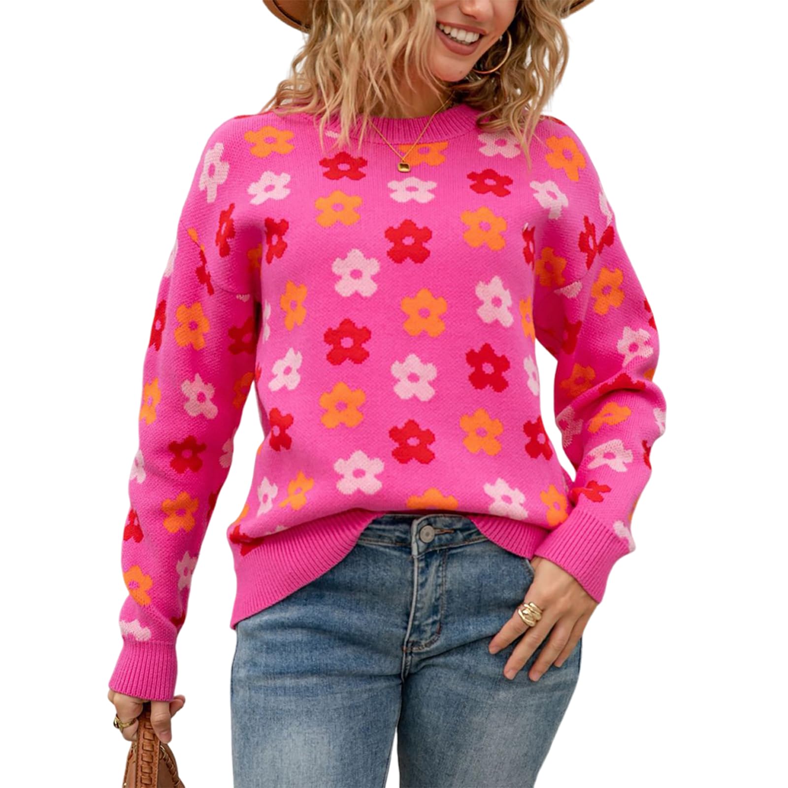 Geleglaer Womens Floral Sweater Long Sleeve Crewneck Cute Y2k Knit Pullover Sweaters Fall Winter Dressy Casual Tops