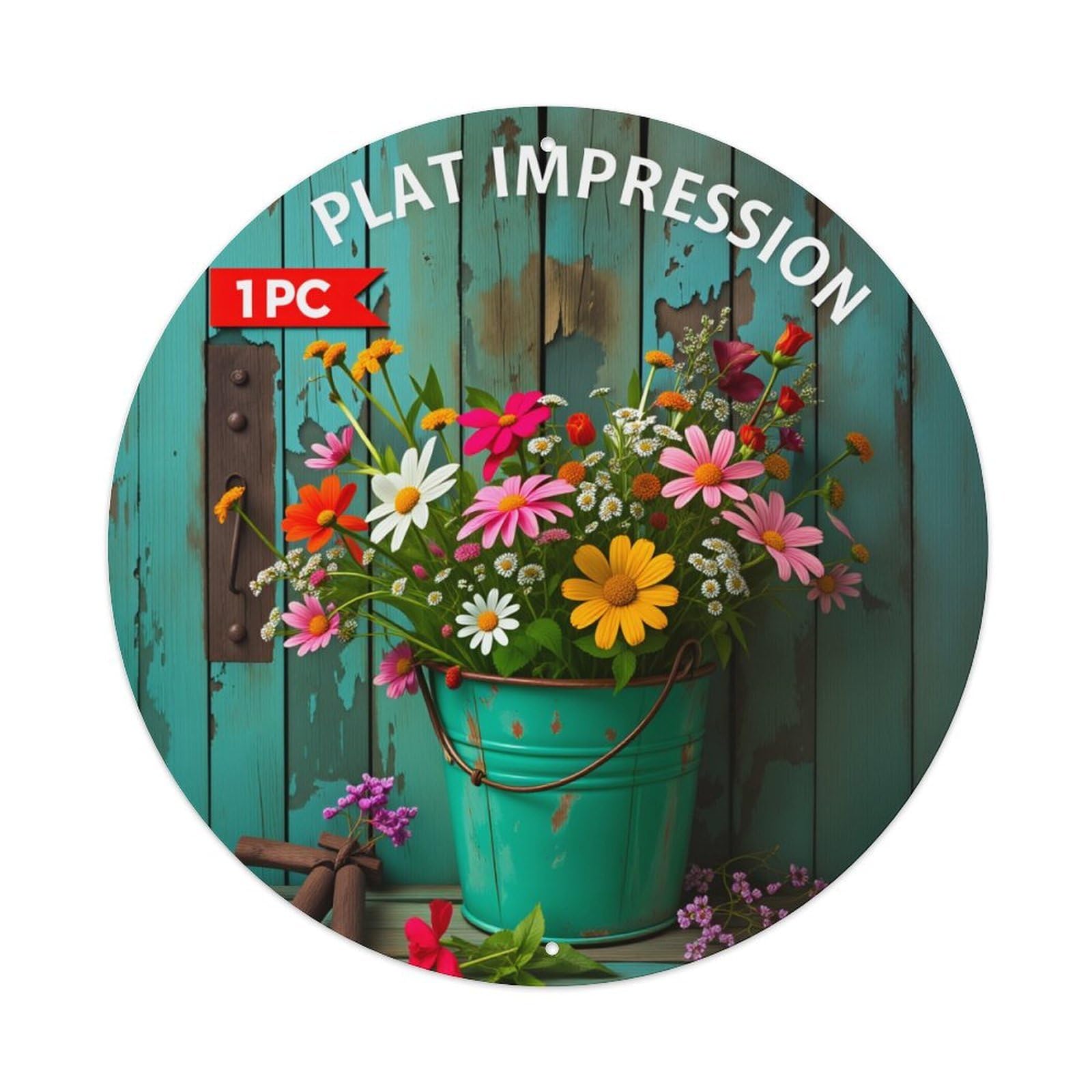 Floral Arrangement In Bucket Round Tin Sign Vintage Style Metal Sign Home Bar Garden Wall Plaque Decor Metal Poster 8x8 Inch