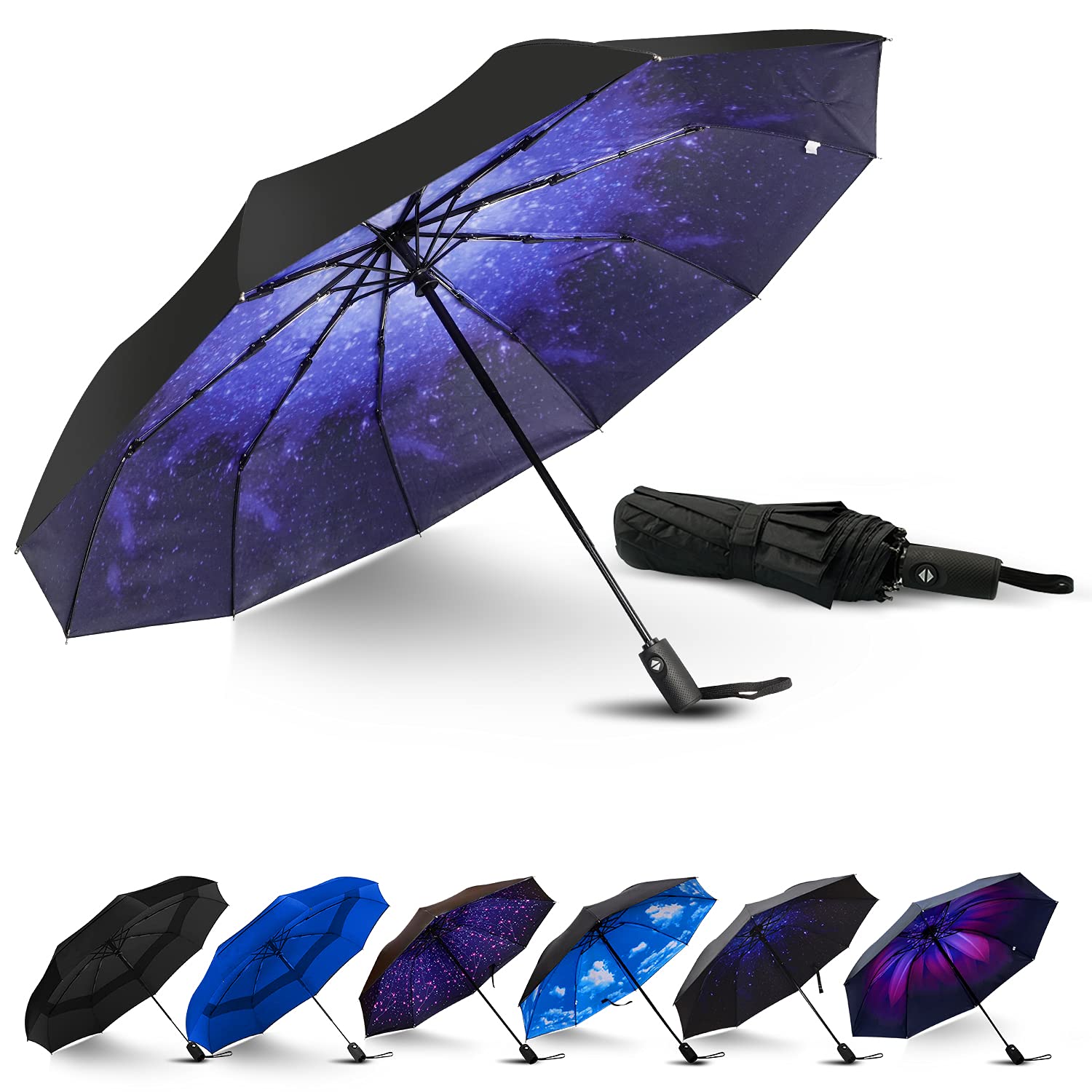 LLanxiry Compact Travel Umbrella, Automatic Open/Close Windproof Umbrella, 10 Fiberglass Ribs, 210T Pongee, UPF 50+ Sun/Rain, Lightweight Portable Umbrellas Travel Size with Carry Sleeve