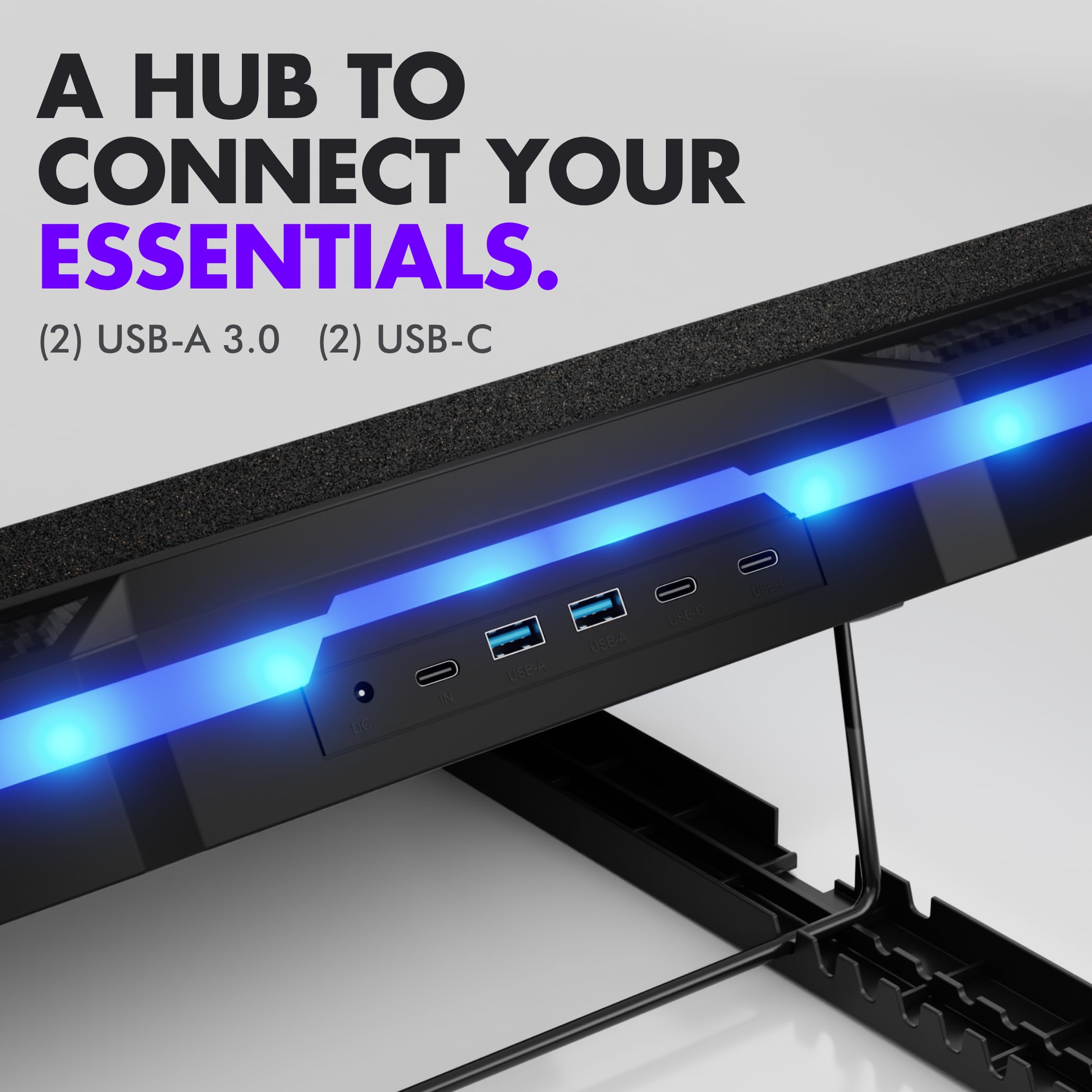 Tilted Nation Gaming Laptop Cooling Pad con USB Hub - Aumenta le prestazioni, Rimani comodo - Supporto RGB per laptop con altezza regolabile e velocità della ventola, RGB, hub USB (C + A), per laptop