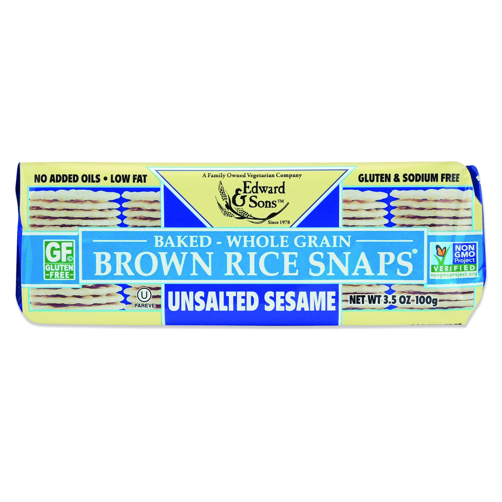 Edward & Sons Unsalted Sesame Brown Rice Snaps - Rice Crackers Gluten Free, Whole Grain, Oven Baked, Low Fat, Non-GMO, USDA Organic - 3.5 Oz, 12 Pack