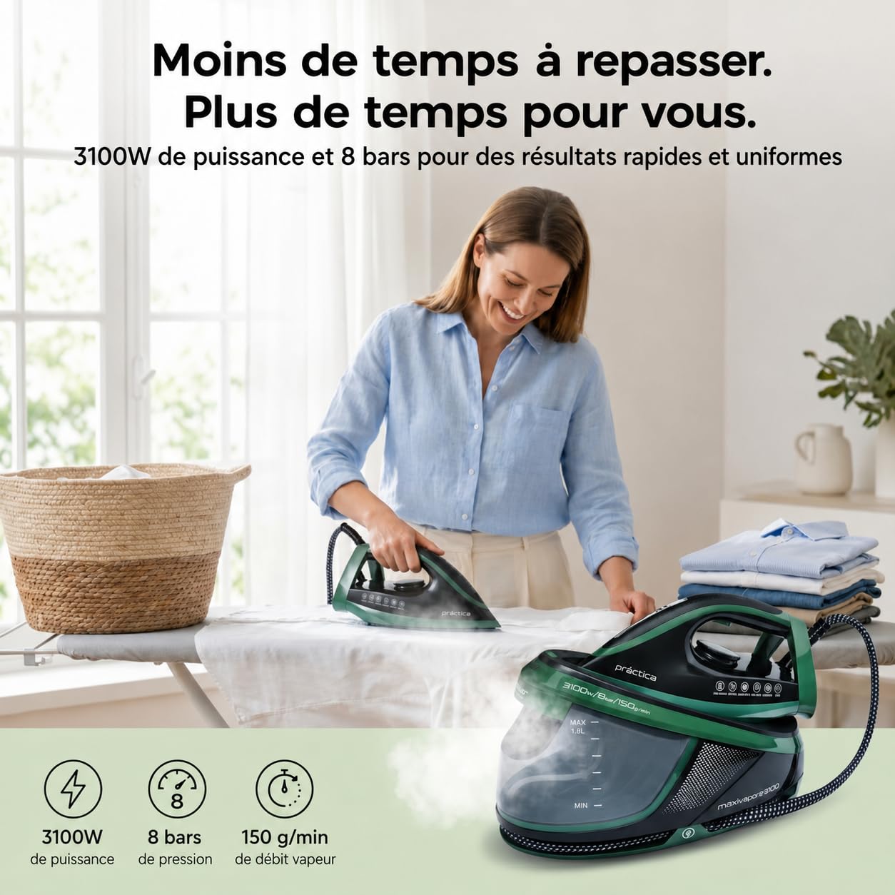 Centrale Vapeur 3100W 8 Bars 150 g min Repassage Vertical Horizontal Semelle Céramique Antiadhésive Réservoir 1.5L Anti Calcaire Auto Nettoyage Arrêt Automatique Glisse Fluide Vapeur Continue