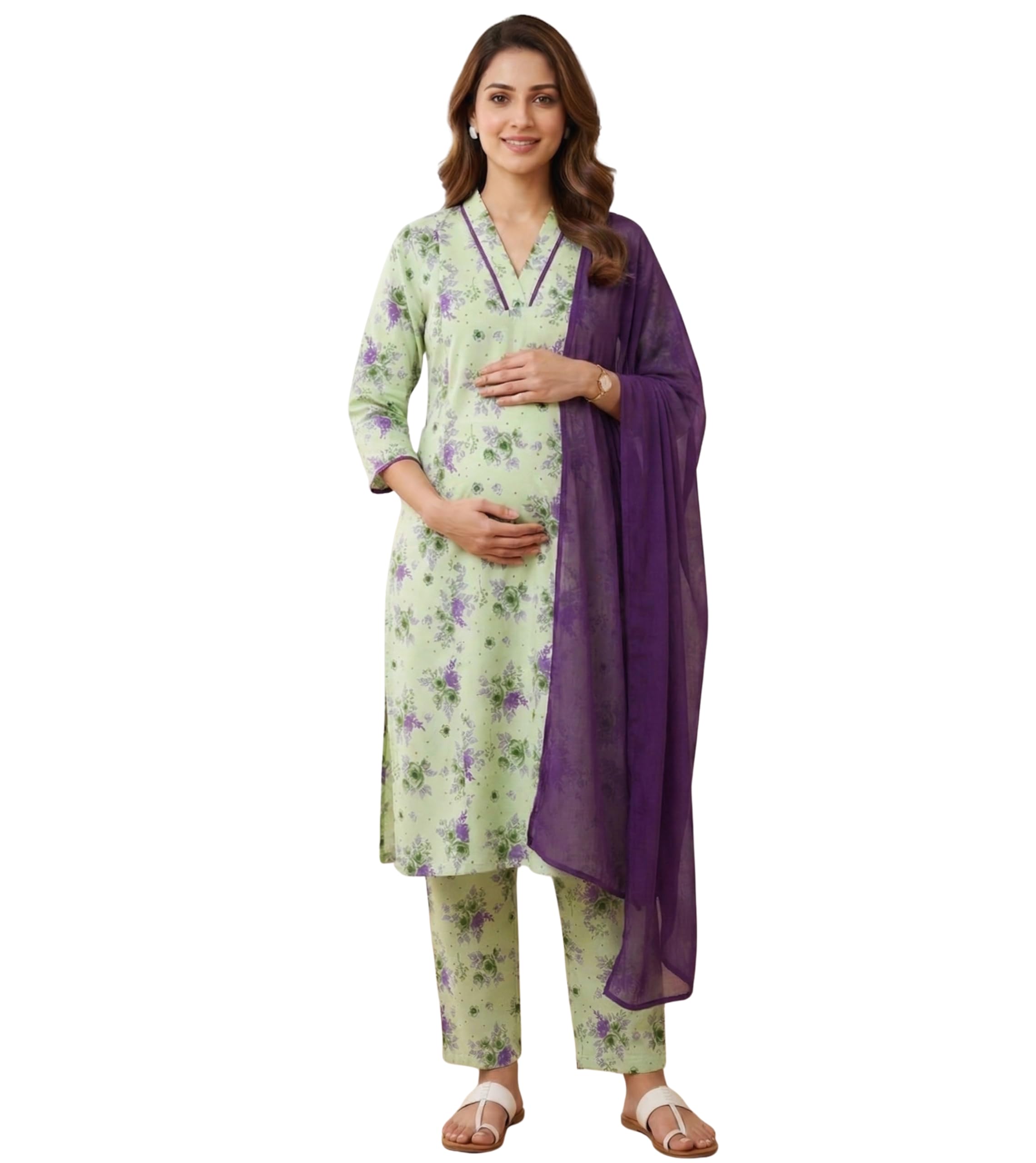 Feeding Dresses for Women Full Set | Cotton Blend Green Floral Printed Maternity Kurta Pant Dupatta Suit with Nursing Zippers to Pre & Post Pregnancy | Mom to Be Gifts (DS945-M)-image-10