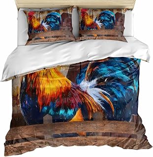 Gluypora Twin Duvet Cover with 2 Pillowcases, Farmhouse Rooster Twin Bedding Set with Zipper Closure, Vintage Farm Chicken Sunflower Wooden Microfiber 3 Pieces Duvet Cover Sets for All Seasons