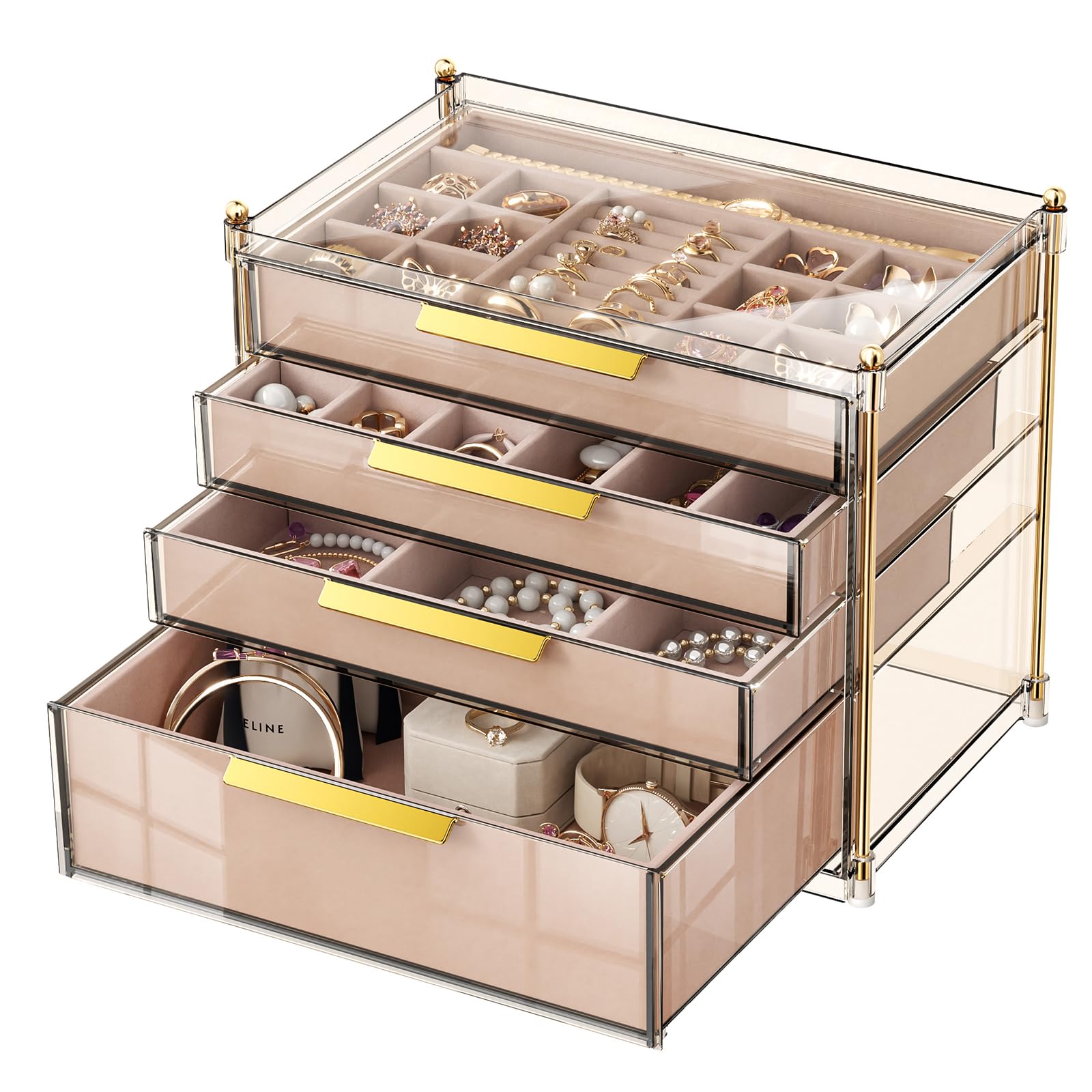 IJIAMY Schmuckkasten mit 4 Ebenen, Schmuckkästchen Groß, Schmuck Organizer mit Glasdeckel für Halsketten, Ohrringe, Uhren, Armbänder, Schmuckaufbewahrung, Modern, Cinderella Plus