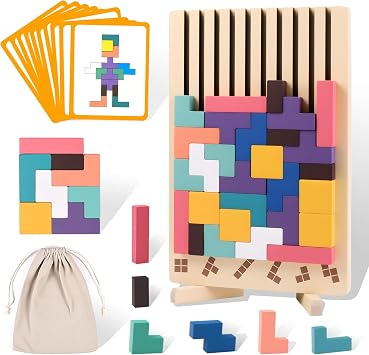 Wooden Stacking Puzzle Toy, 3D Montessori Wooden Stacking Puzzles Toy Game, 3D Blocks Game with 10 Cards, Toys for Kids and Adults