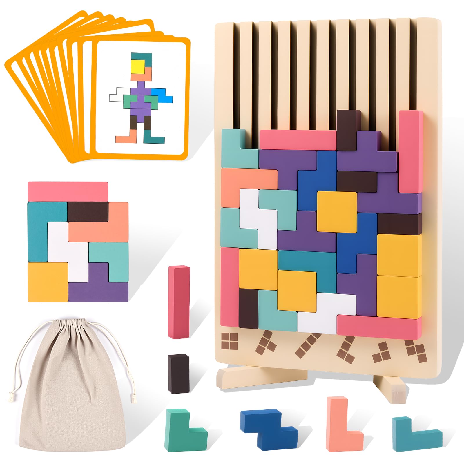 Havnidy Wooden Stacking Puzzle Toy, 3D Montessori Wooden Stacking Puzzles Toy Game, 3D Blocks Game with 10 Cards