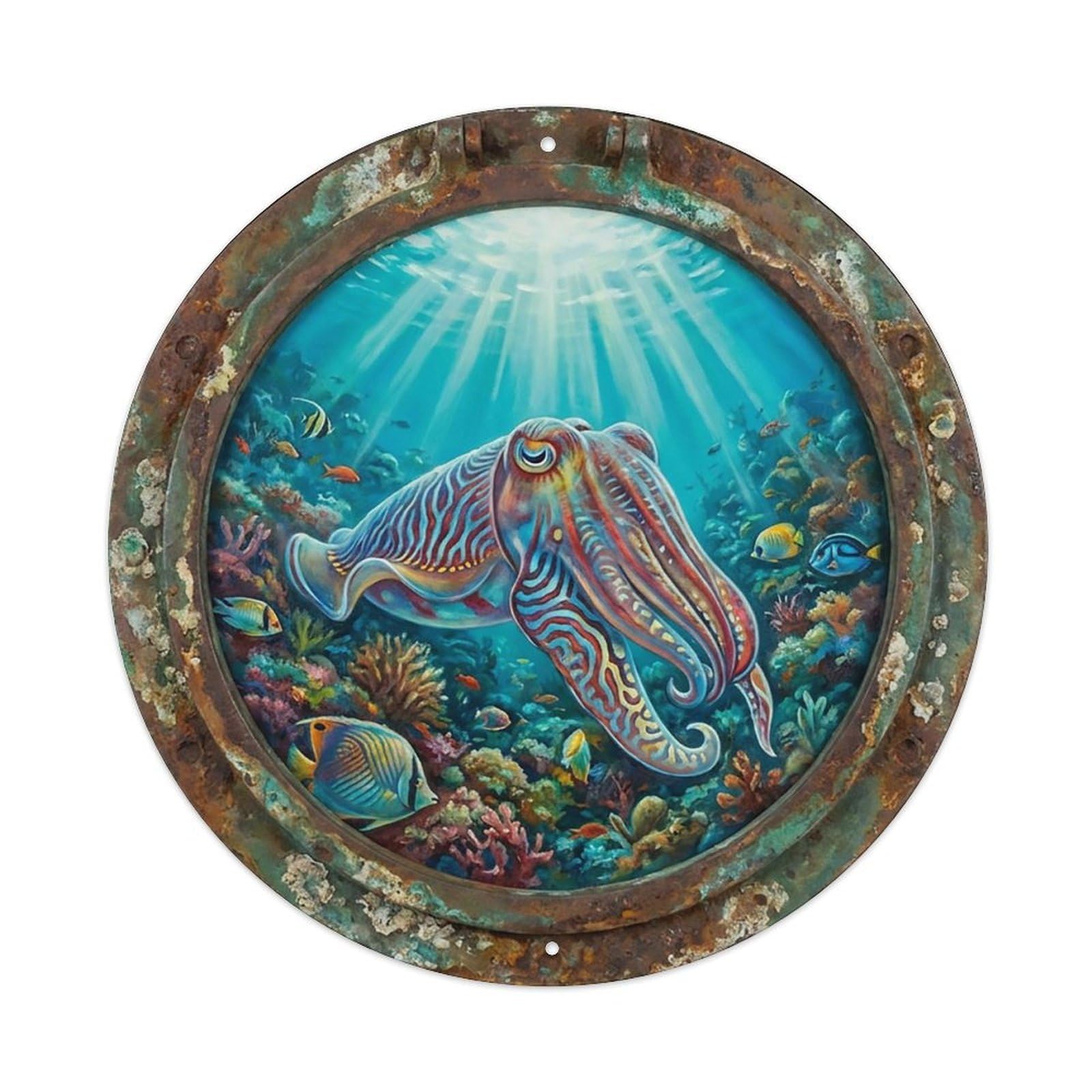 Vintage Porthole Cuttlefish Color Ship Window Undersea Deep Sea Metal Tin Sign