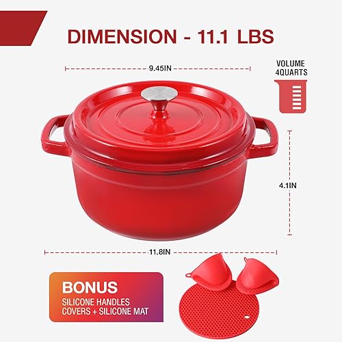 Miniatura 2 de MEIGUI Horno holandés de hierro fundido de 7 cuartos de galón, horno holandés antiadherente esmaltado, olla redonda holandesa con tapa, forros de