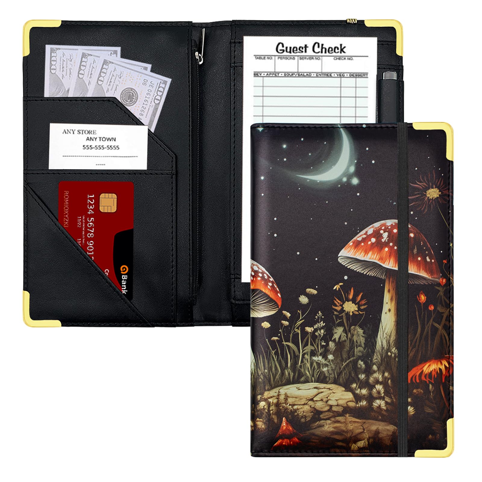 Server Book,Cutaswish Server Books for Waitress Cute,Waiter Receipt Book,PU Leather Waitress Book with Zipper Pocket,Waitress Accessories(Mushroom A)