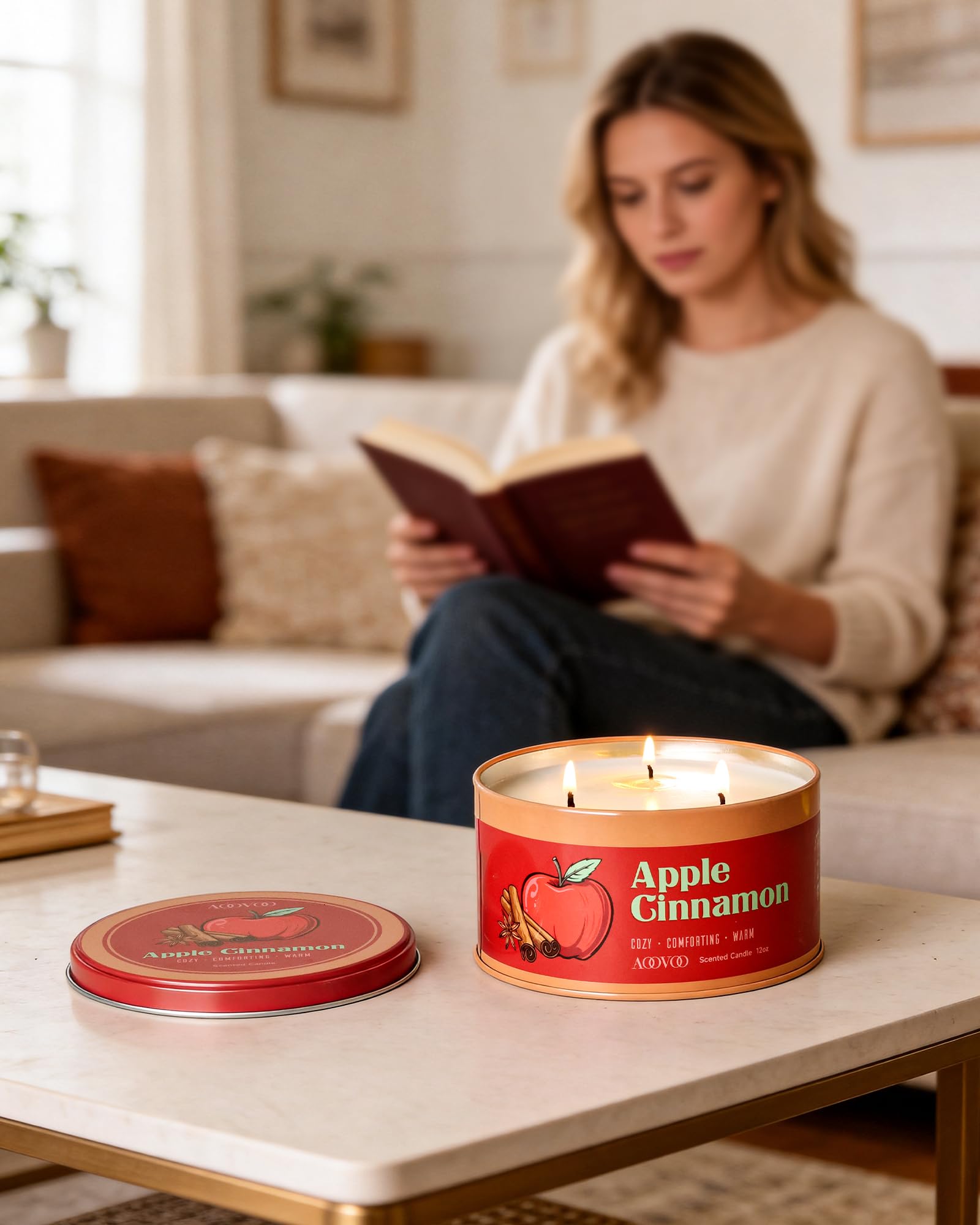AOOVOO Vela perfumada de manzana y canela con 3 mechas, regalo de fiesta para hombre y mujer