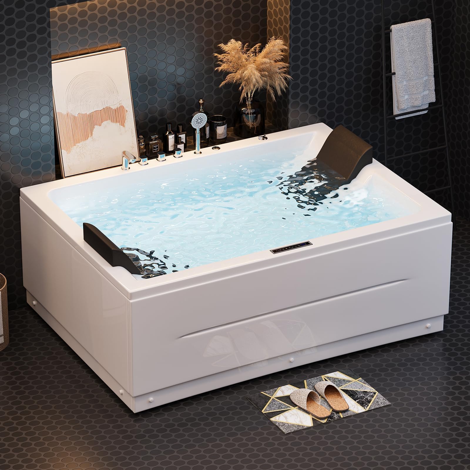 71" Whirlpool Bathtub, 2 Person Jetted Bathtub with Air & Water Jets 3-Sided Apron Acrylic Soaking Jetted Bathtub, Lumbar Support & Chromatherapy LED, Relaxing Spa Experience for Couple