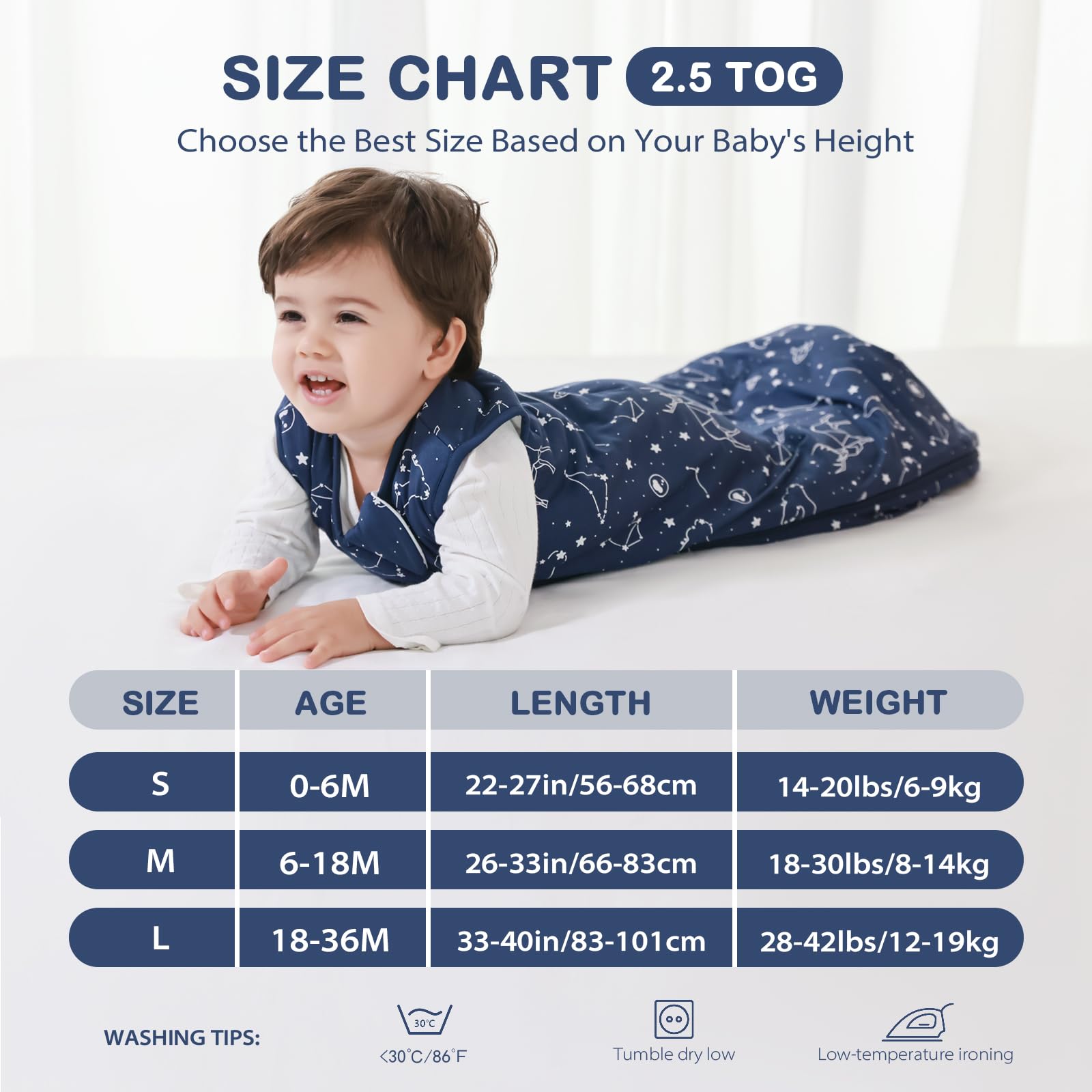 Mosebears Sacco nanna invernale per bambini 2,5 tog,Sacco Nanna Neonato in fibra di bambù, morbidissimo e caldo(Navy Blue,S(0-6 mesi)
