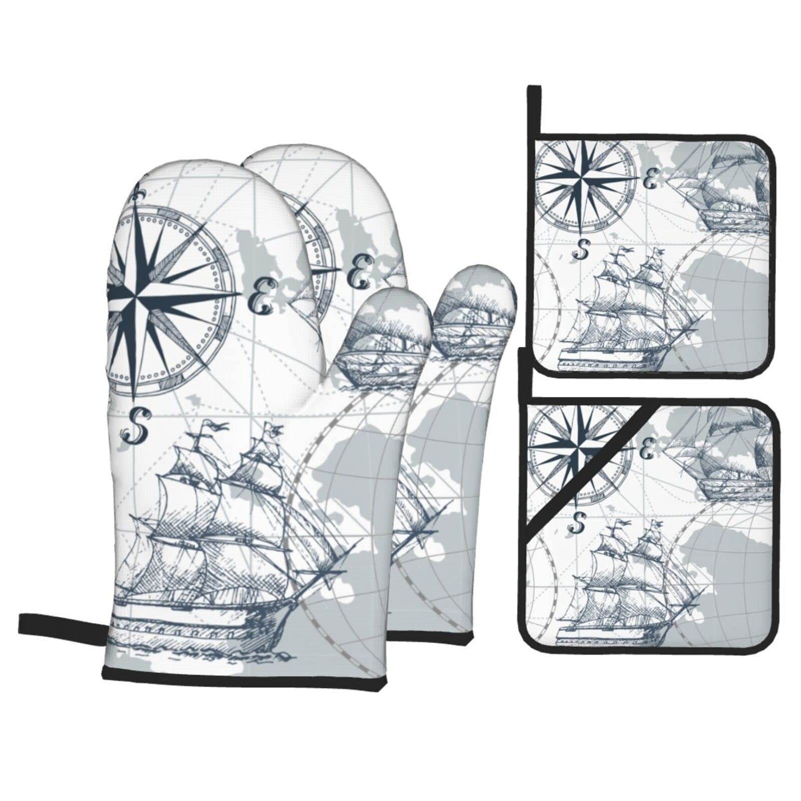 Nautical Sailboat Map Print Kitchen Baking Four Piece Set of Heat Resistant Thick Cotton Oven Mitts for Cooking, Baking and Grilling