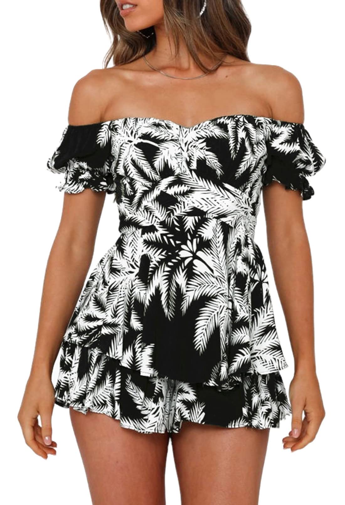 Photo 1 of **SOLD AS IS NO REFUND/RETURN** SEE COMMENTS!~
Fixmatti Womens Boho Romper Short Sleeve Off Shoulder High-Waisted Chiffon Shorts Jumpsuit Black and White M
