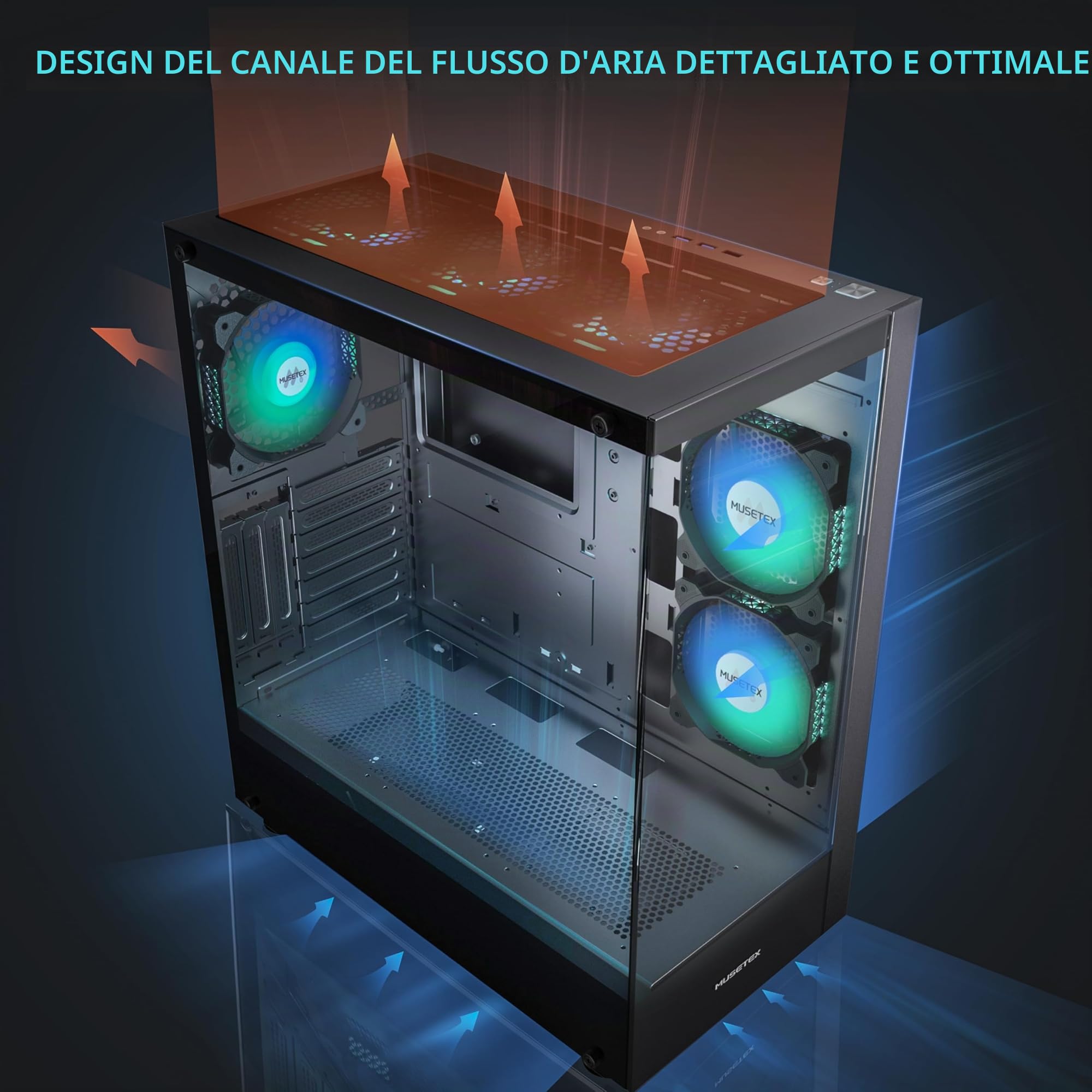 MUSETEX CASE PC ATX 6 ventole PWM ARGB preinstallate, case per computer Mid Tower Type-C con doppio vetro temperato a vista, case per PC da gioco, nero (K2)