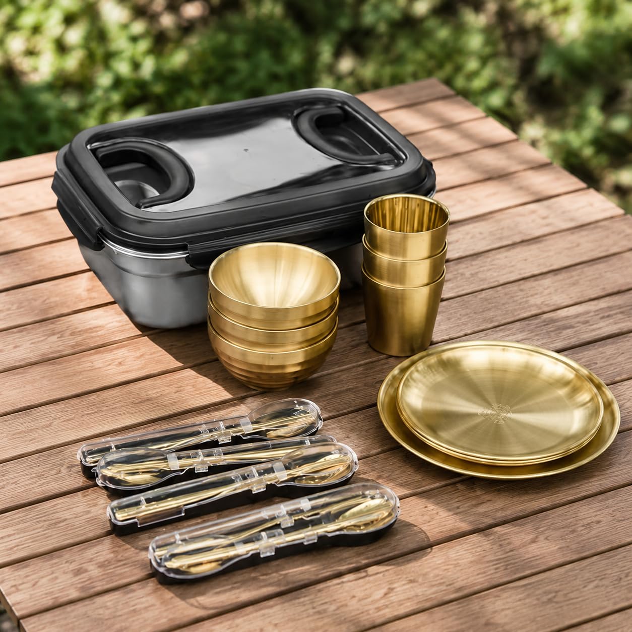 Goldfarbene Gabeln für Picknick, spülmaschinenfestes Campingbesteck, kompaktes Reisebesteck mit Tasche, goldenes Wanderbesteck Set, 3-Personen-Set, Gold