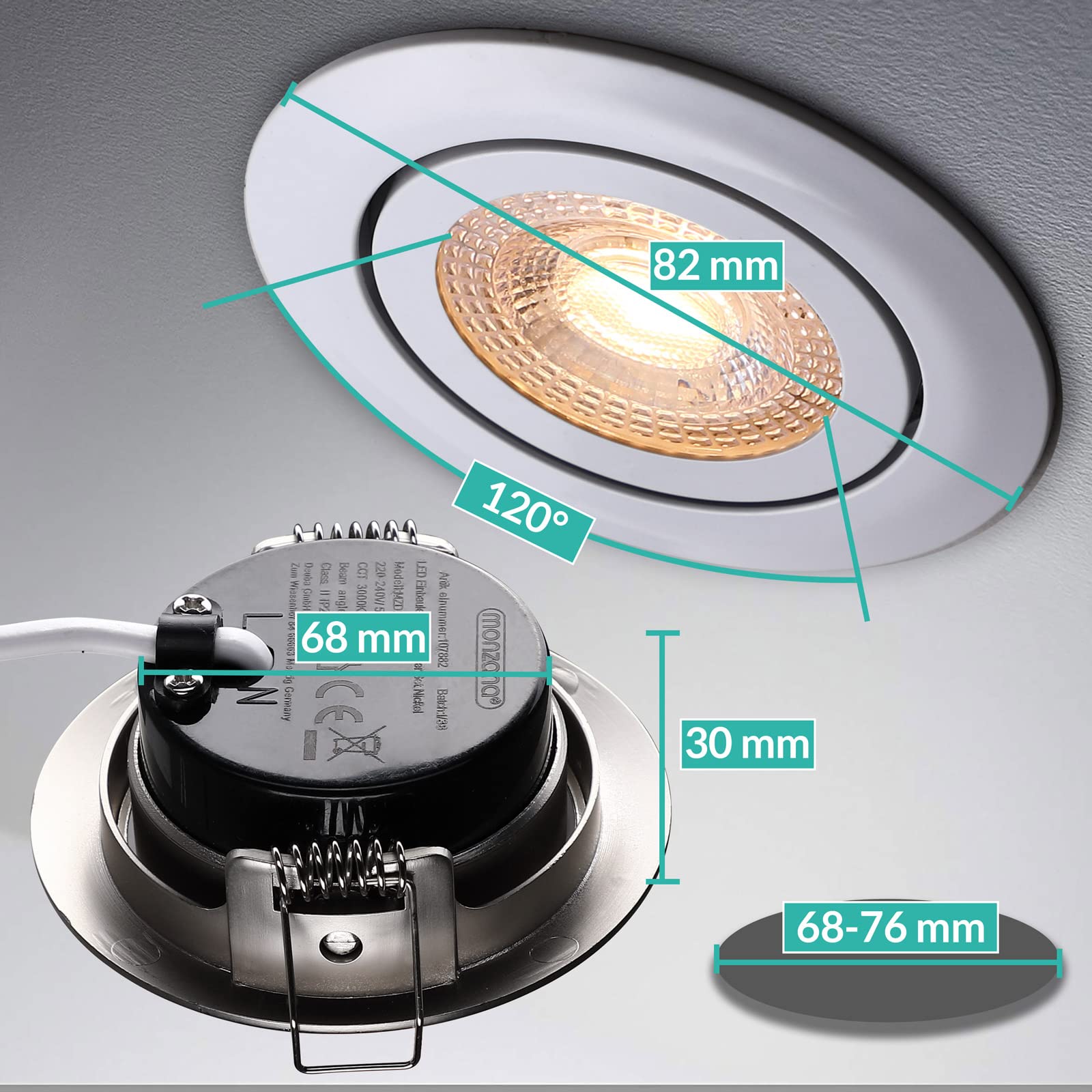 Monzana 12x Faretti a LED da Incasso 68mm Luci Dimmerabili & Orientabili 3000K 230V IP20