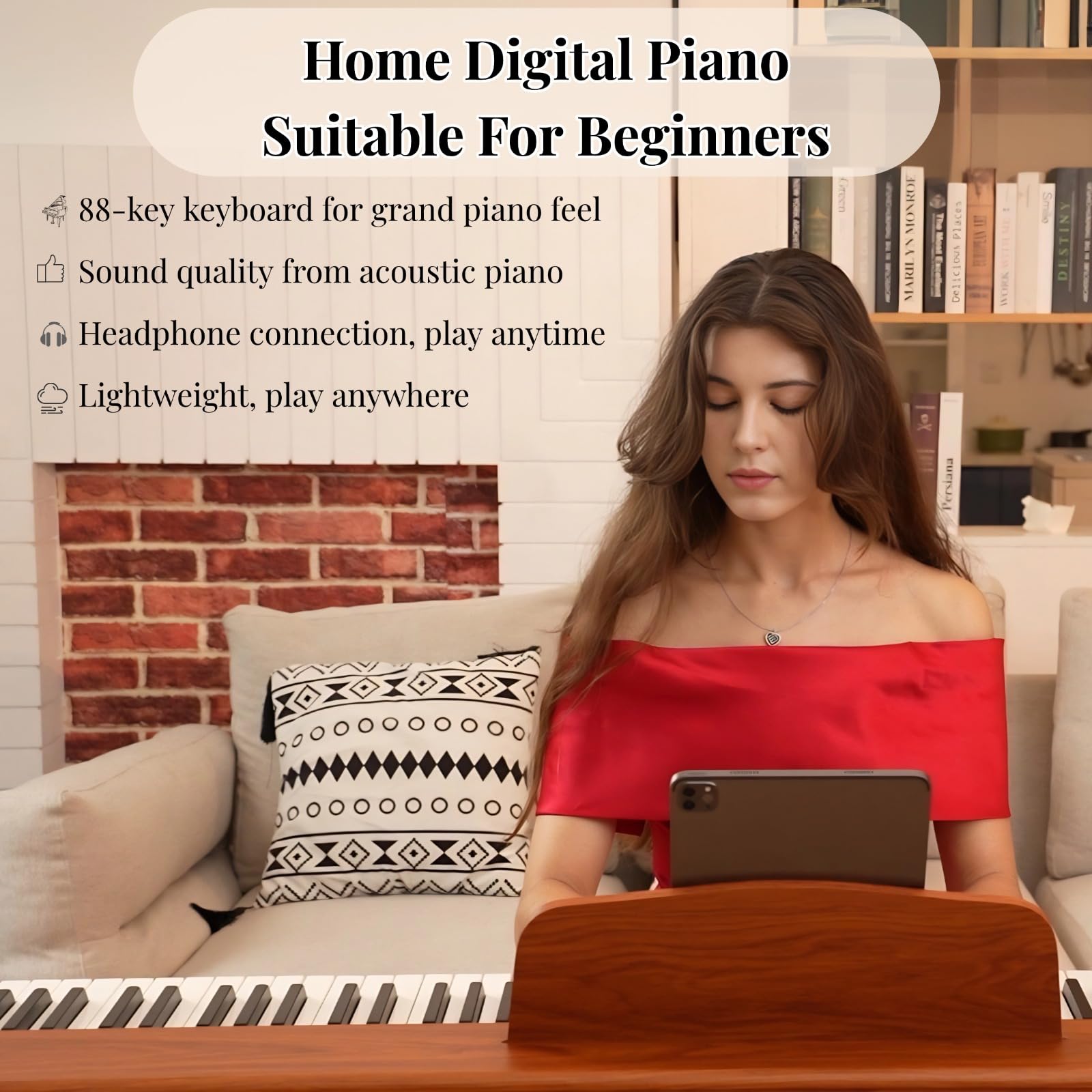 88 Key Digital Piano Keyboard with Stand & Sustain Pedal, Full-Size Semi Weighted Electric Piano for Beginners/Learners, Home Professional Piano with Headphone Jack, MIDI Connectivity, Brown