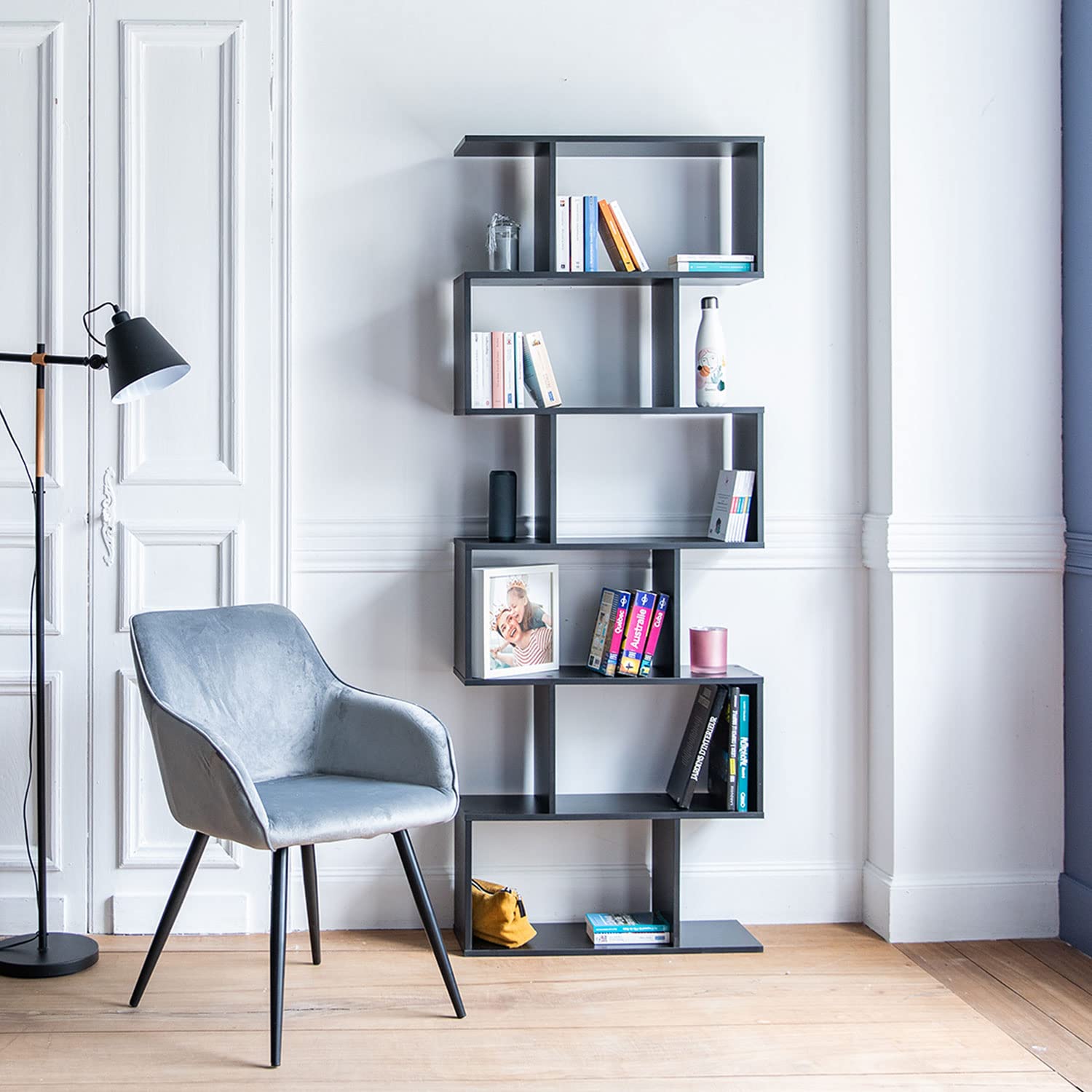 Happy Garden Bücherregal im modernen Stil 6 Regale schwarz Virginia. Aufbewahrungsmöbel für Wohnzimmer, Schlafzimmer oder Büro. Regale für Bücher.
