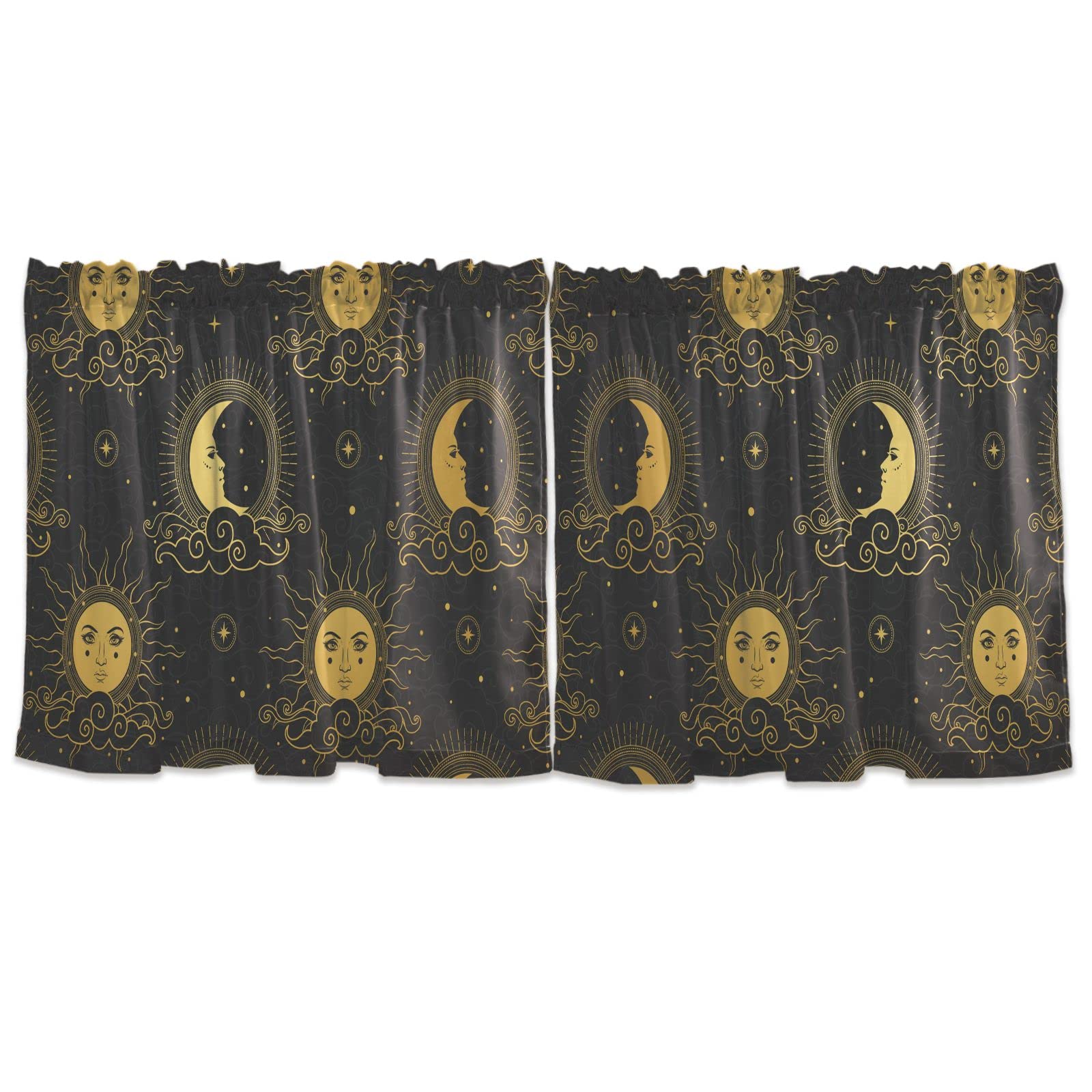 Bohemian Sun Moon Starry Sky Short Kitchen Curtains 24 Inches Long Kitchen Window Curtains Set of 2 Mini Curtain Semi-Sheer Short Curtains for Kitchen Small Window, 57"x24"