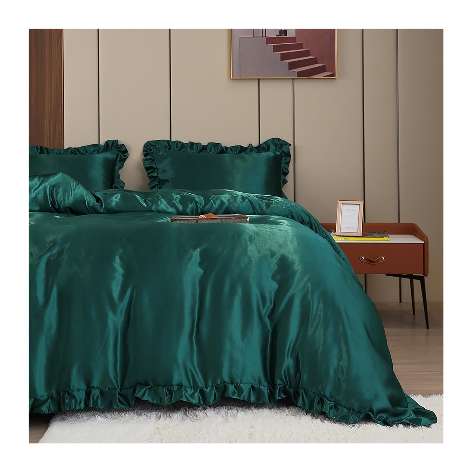 ZHSOAO 3PCS Satin Duvet Cover Set Silk Bedding Silky Ruffle Luxury Bed for Bed(Green,200x200cm-UK-Double)