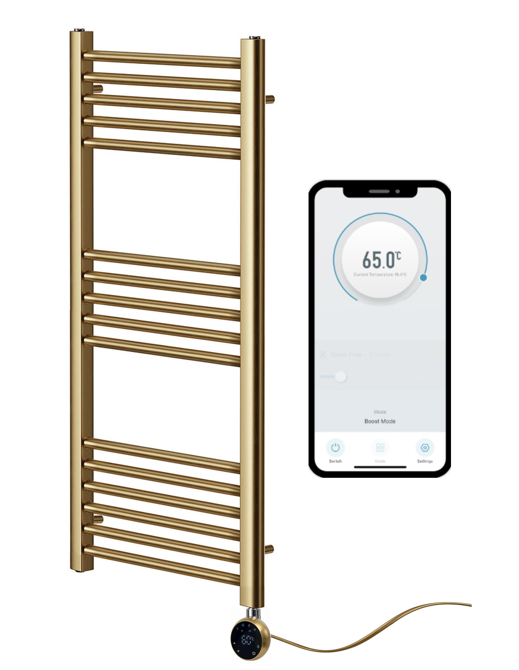 Greened House Brushed Brass Electric WiFi Towel Rail 500mm W x 1000mm H