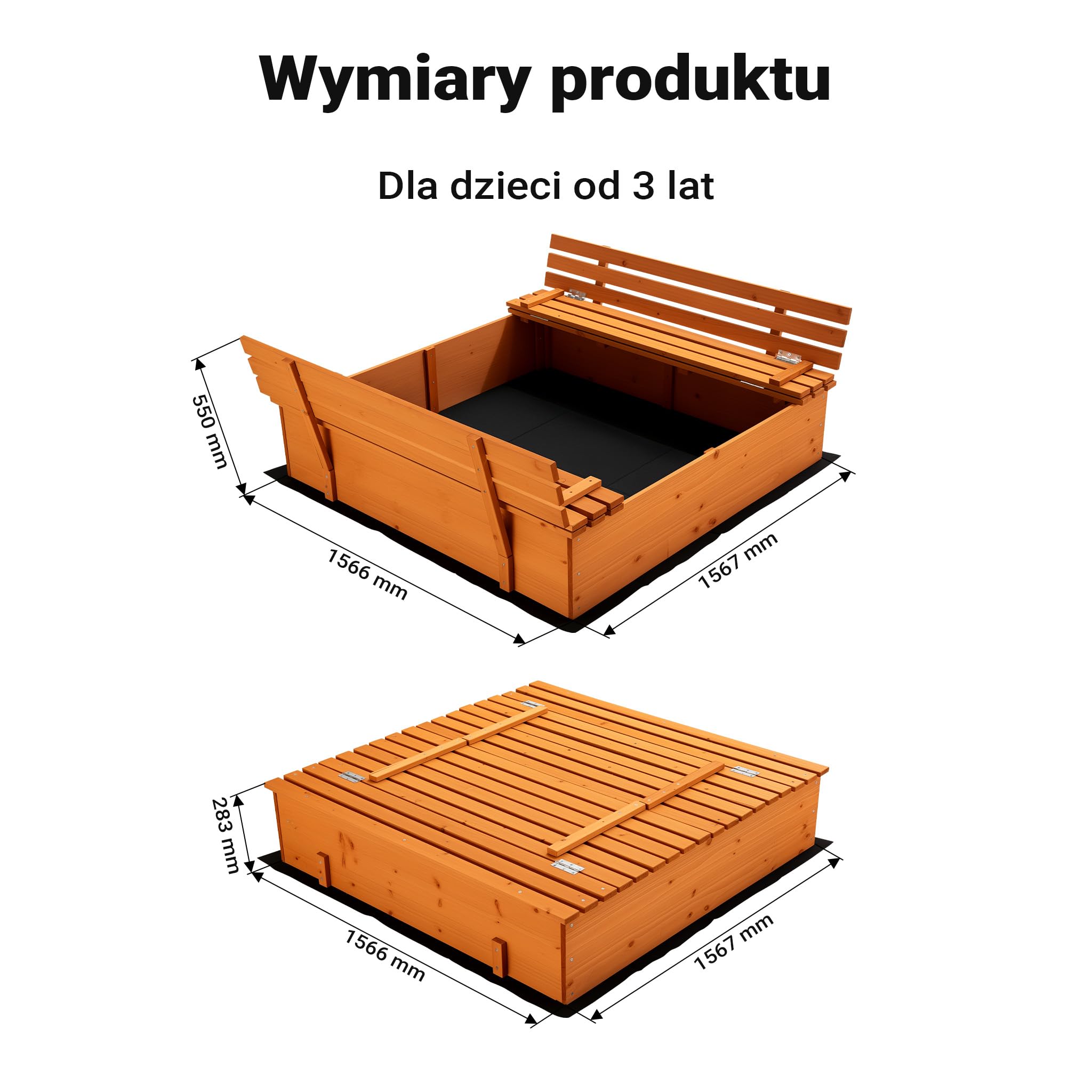 Wiltec Drewniana piaskownica z zamykaną pokrywą i ławeczkami 98 x 98 x 21 cm do ogrodu dla dzieci, trwałe zamykane miejsce do piasku w ogrodzie dla zabawy