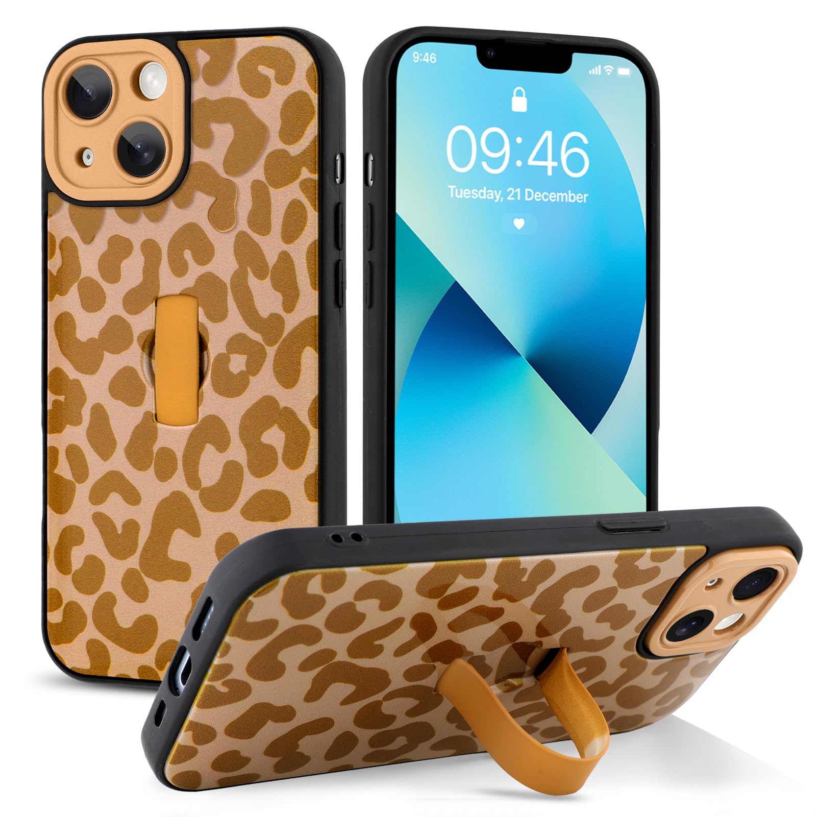 Jefonha Compatible with iPhone 13 Case with Finger Hand Strap Kickstand, Trendy Cool Leopard Cheetah Print Phone Case for Women Men, Full Camera