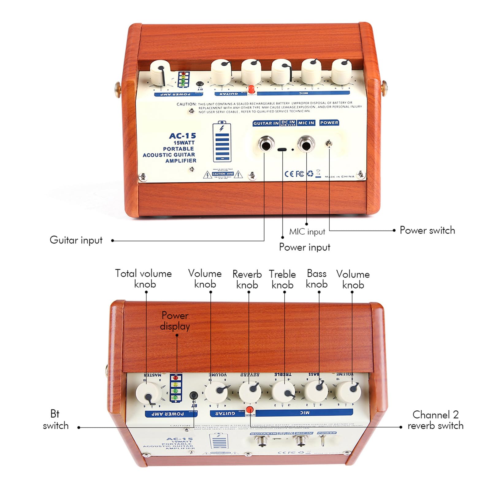 Altoparlante per Chitarra Ingresso Microfono Amplificatore per Chitarra Portatile Ricaricabile da 15 W