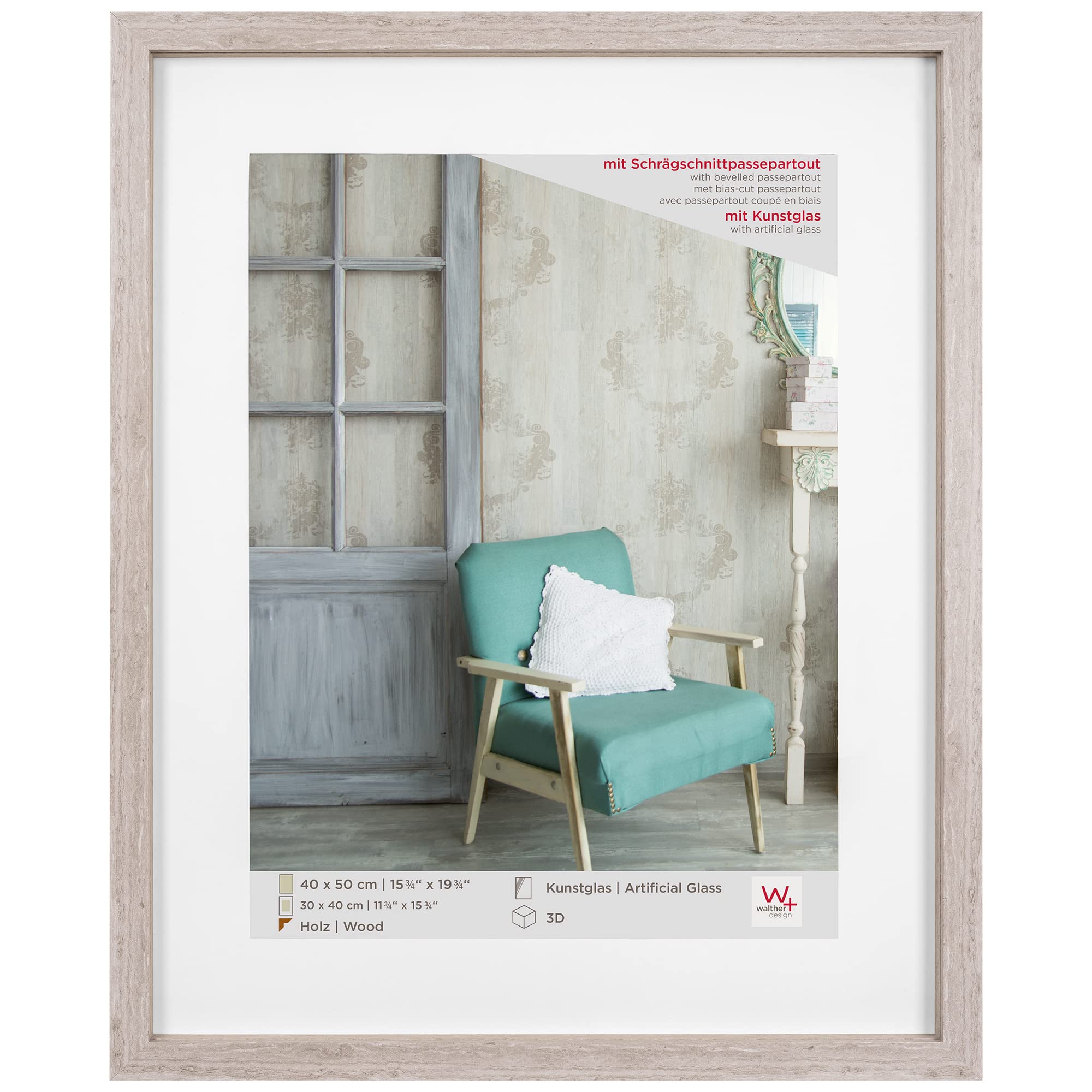 walther design Bilderrahmen grau 40 x 50 cm mit Kunstglas, Stockholm EA450D