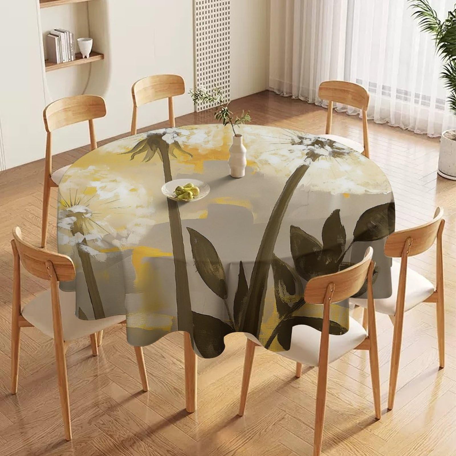ORDOBO Round Table Cover -White Plants Print Home Table Cover For Dinner Kitchen Holiday Outdoors Protect Table Waterproof Dust-Proof Decoration 127X127Cm