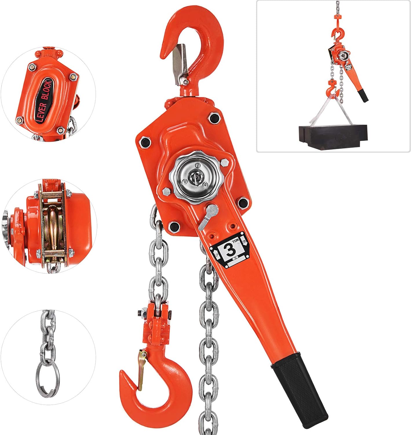 Happybuy Manual Lever Block Chain Hoist 6600 lbs, Chain Come Along 20 feet, Chain Hoist 3 Ton, Ratchet Chain Hoist 5/16" Diameter for Warehouse Garages Construction: Home Improvement