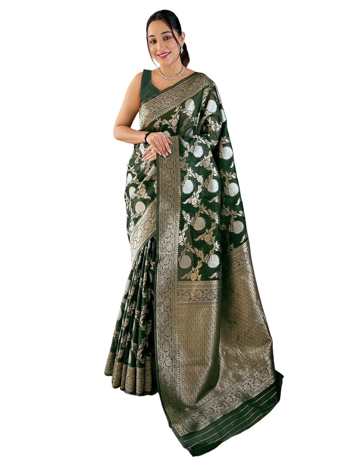 Satrani Women's Silk Blend Banarasi Jacquard Saree With Unstitched Blouse Piece (3834S412N_Dark Green)