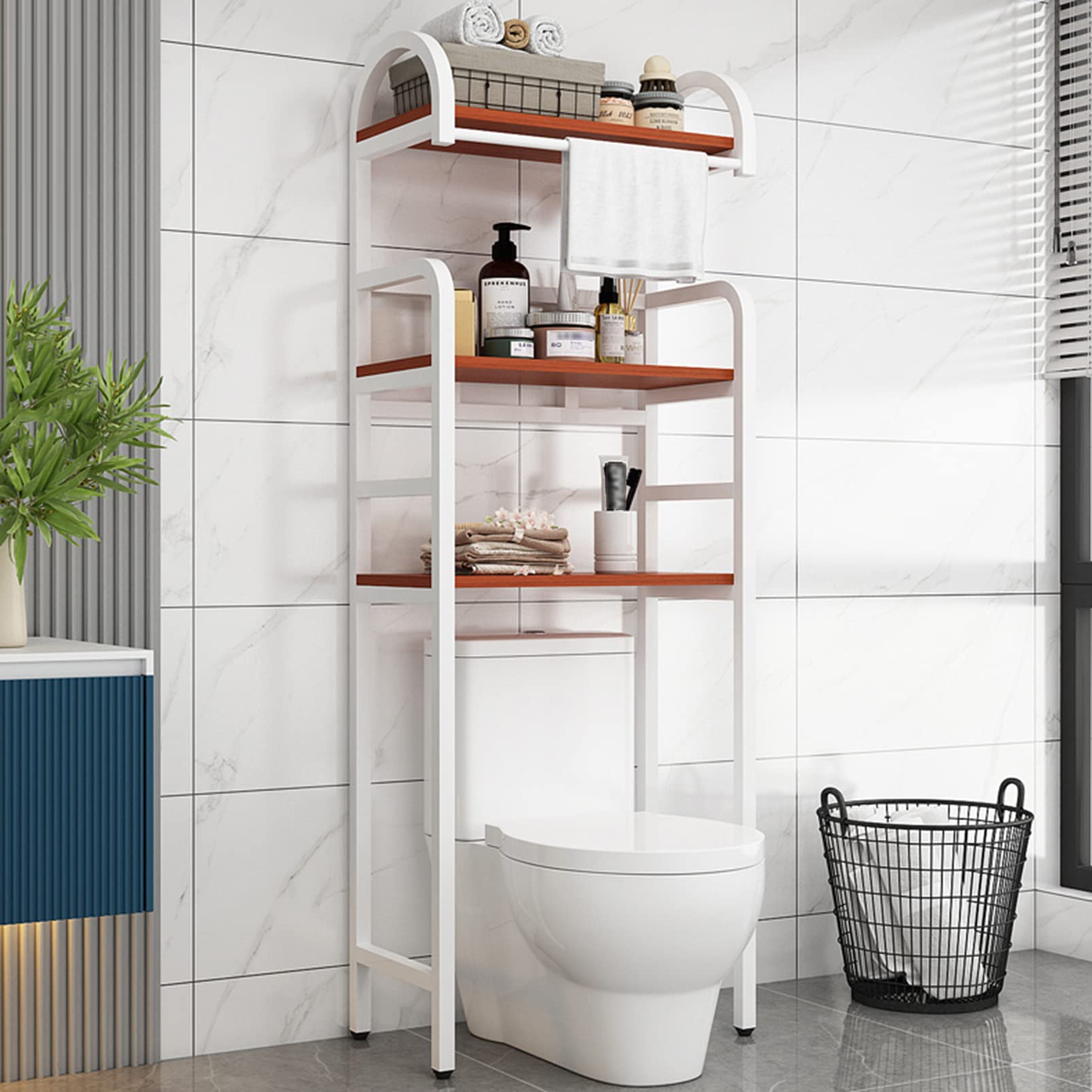 Über der Toilettenaufbewahrung, industrielles Holz-Badezimmerregal über der Toilette mit Handtuchhalter, platzsparende Regalmöbel für das Badezimmer hinter der Toilettenaufbewahrung
